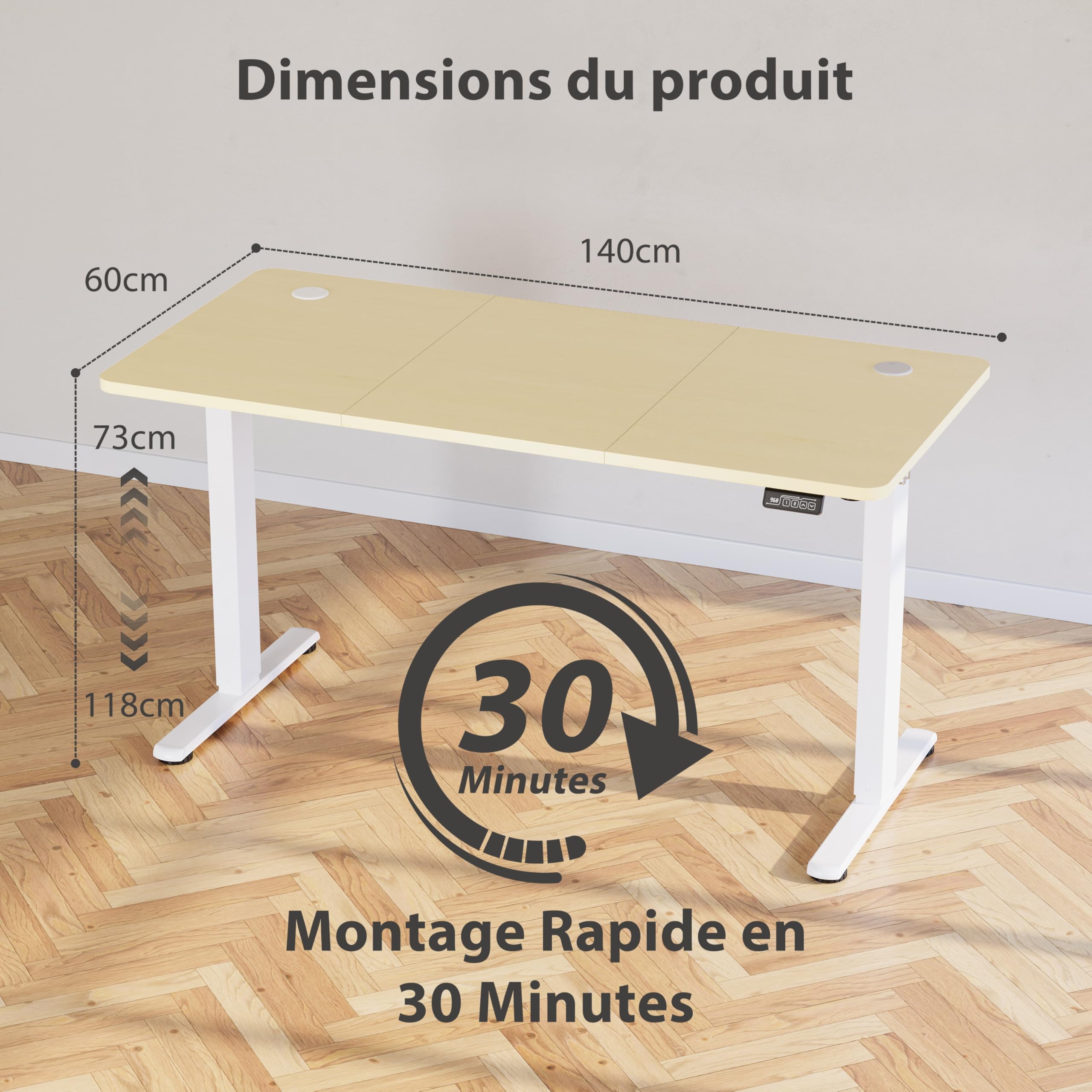 Bureau Assis Debout Électrique 140 x 60 cm, Bureau Électrique Réglable en Hauteur avec Fonction Mémoire et Système Anti-Collision, Table Assis-Debout, Beige