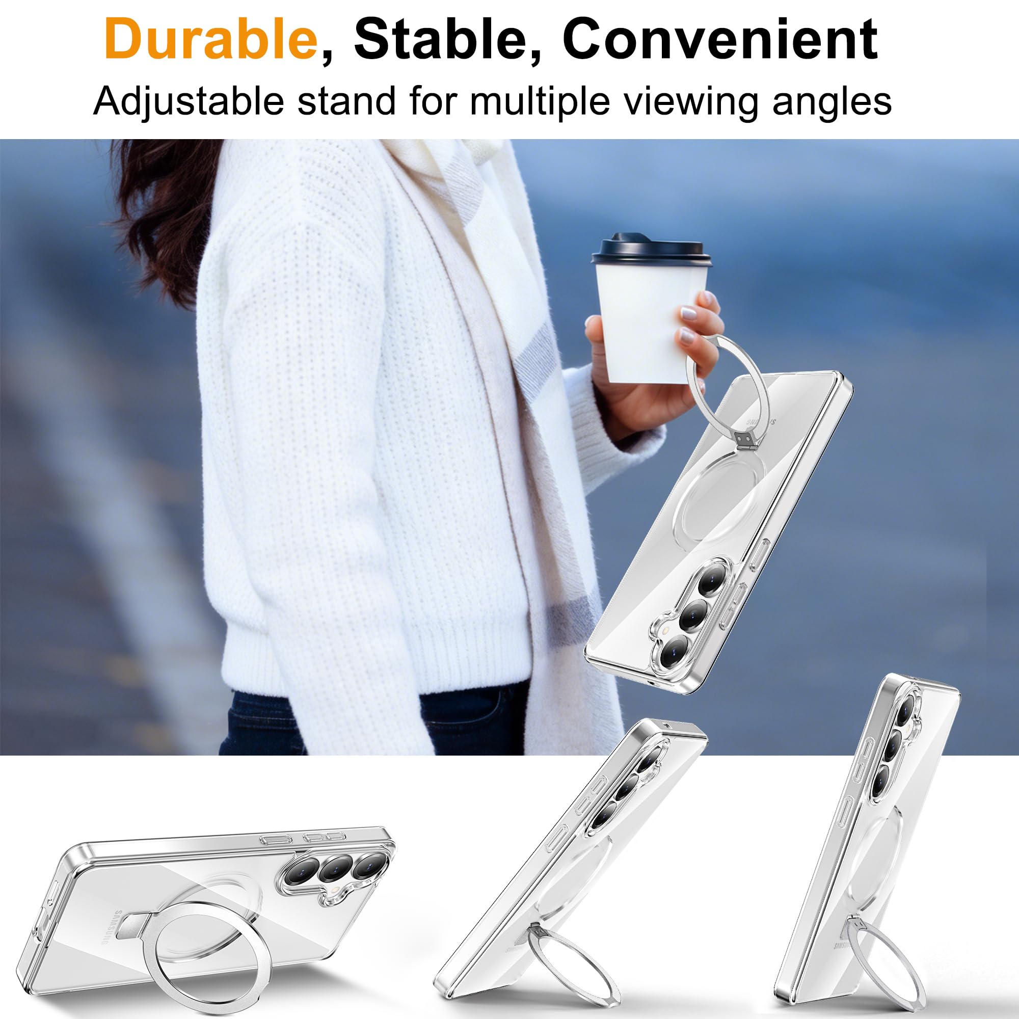 CHAOFEnG Funda magnética compatible con Samsung Galaxy S25 y S24 con soporte [caída de grado militar] [compatible con imán] Soporte de anillo translúcido delgado con parte trasera dura, borde suave