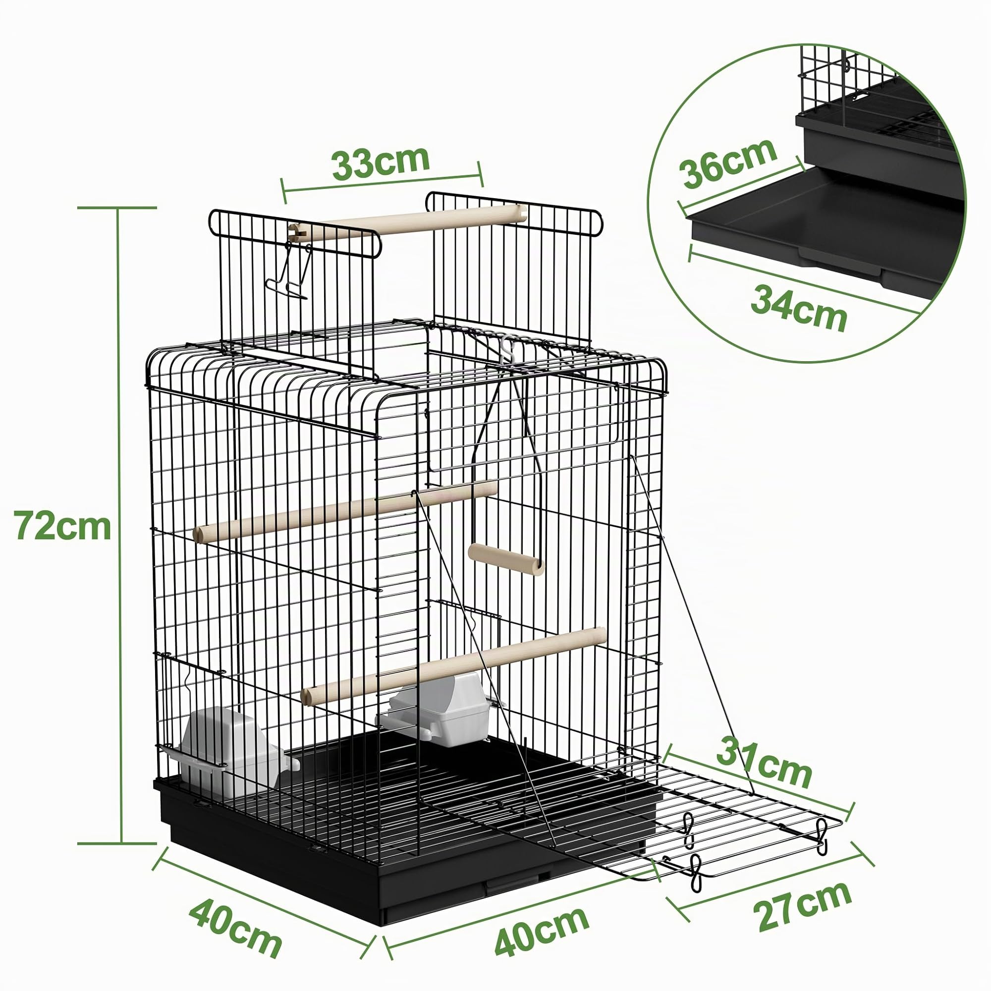 UISEBRT Vogelkäfig mit Offenem Dach, Holzstangen und Futternäpfe - Großer Vogelhaus Vogelvoliere Metall Vogelbauer Käfig Vogel für Finken Kanarienvögel Wellensittiche Schwarz (Typ D, 40x40x72cm)