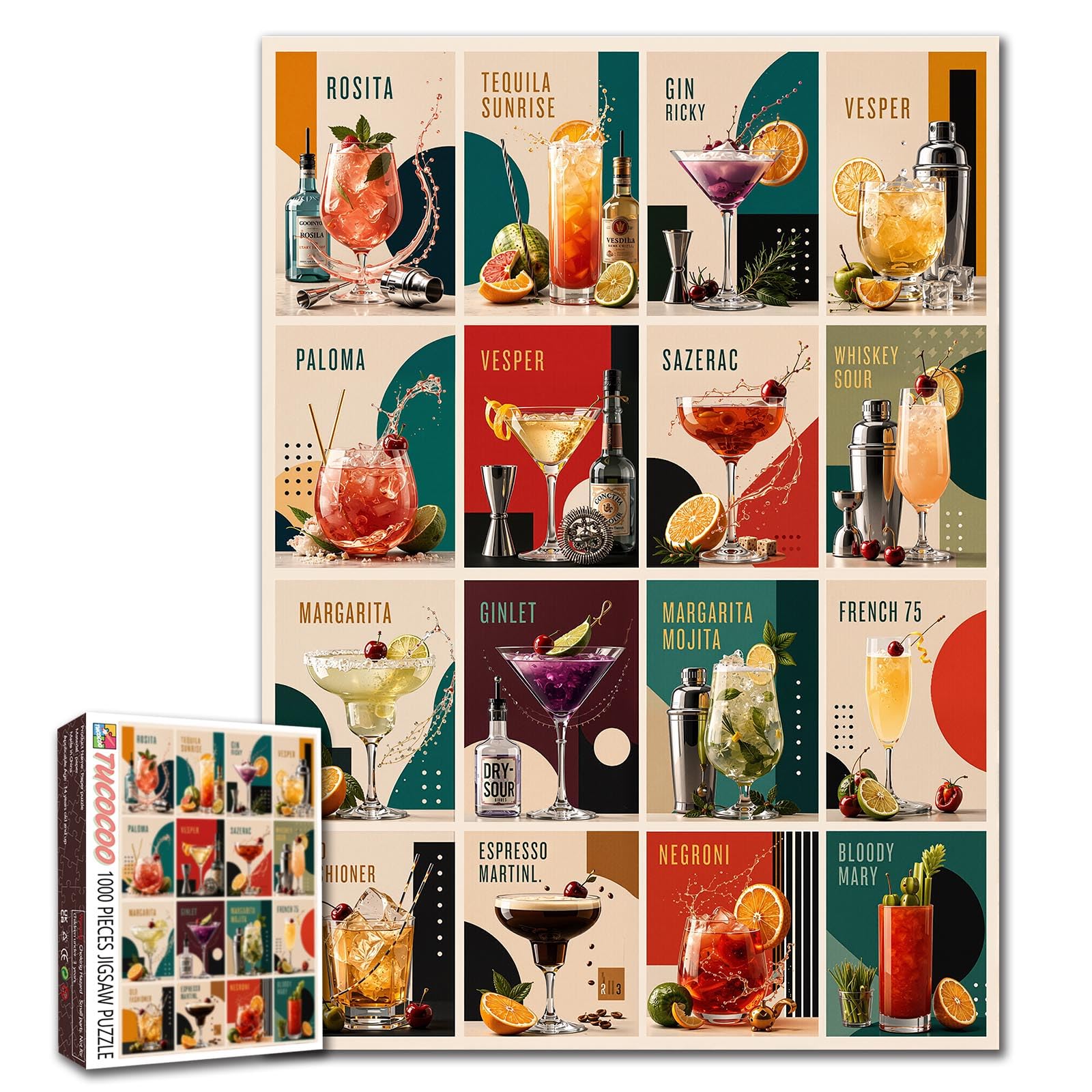 Retro Cocktail Collection Jigsaw Puzzle Vintage Drink Art 1000 Piece Puzzles for Adults Whiskey Picture Challenging Family Activity Games Colorful DIY Craft Puzzle for Home Decor Gifts 27 x 20 Inches — image 1