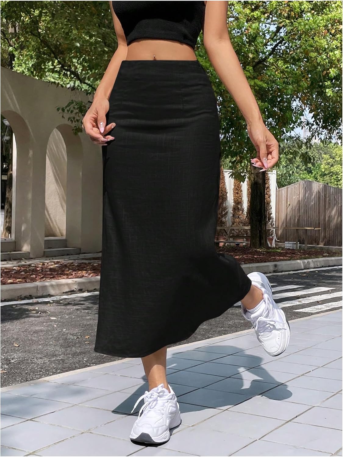 OYOANGLE Women's High Waisted Linen Skirt Lightweight Trendy Casual Long Pencil Skirts - Image 4