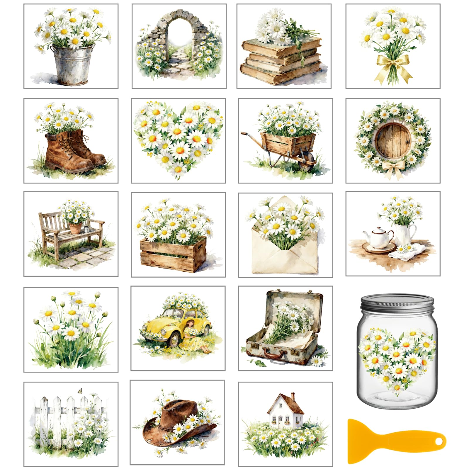GLOBLELAND 18 Sheets Vintage Daisy and Items Rub on Transfer 3.9x3.6inch Heart Daisy Home Decals Plant Flowers Cup Transfer Stickers for Furniture Vase Glass Art Crafts Decorations