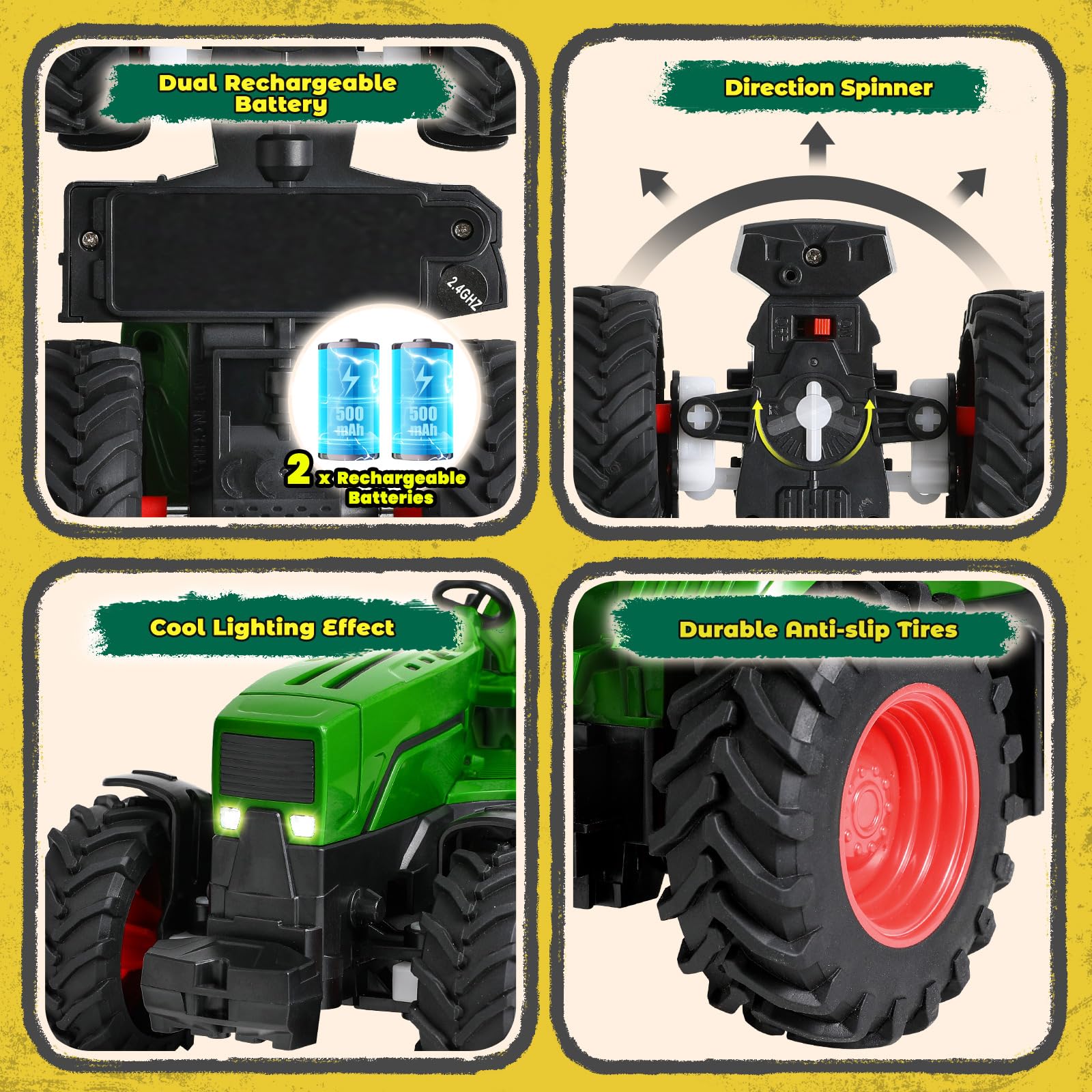 FRUSE Tractor Juguete, Tractor Teledirigido para Niños de 2,4 GHz con Remolque, 2 Baterías Recargables y Luz, Granja Juguete con Vacas, Ovejas y Fardos de Heno, Juguetes para Niños de 3 4 5 6 7 Años