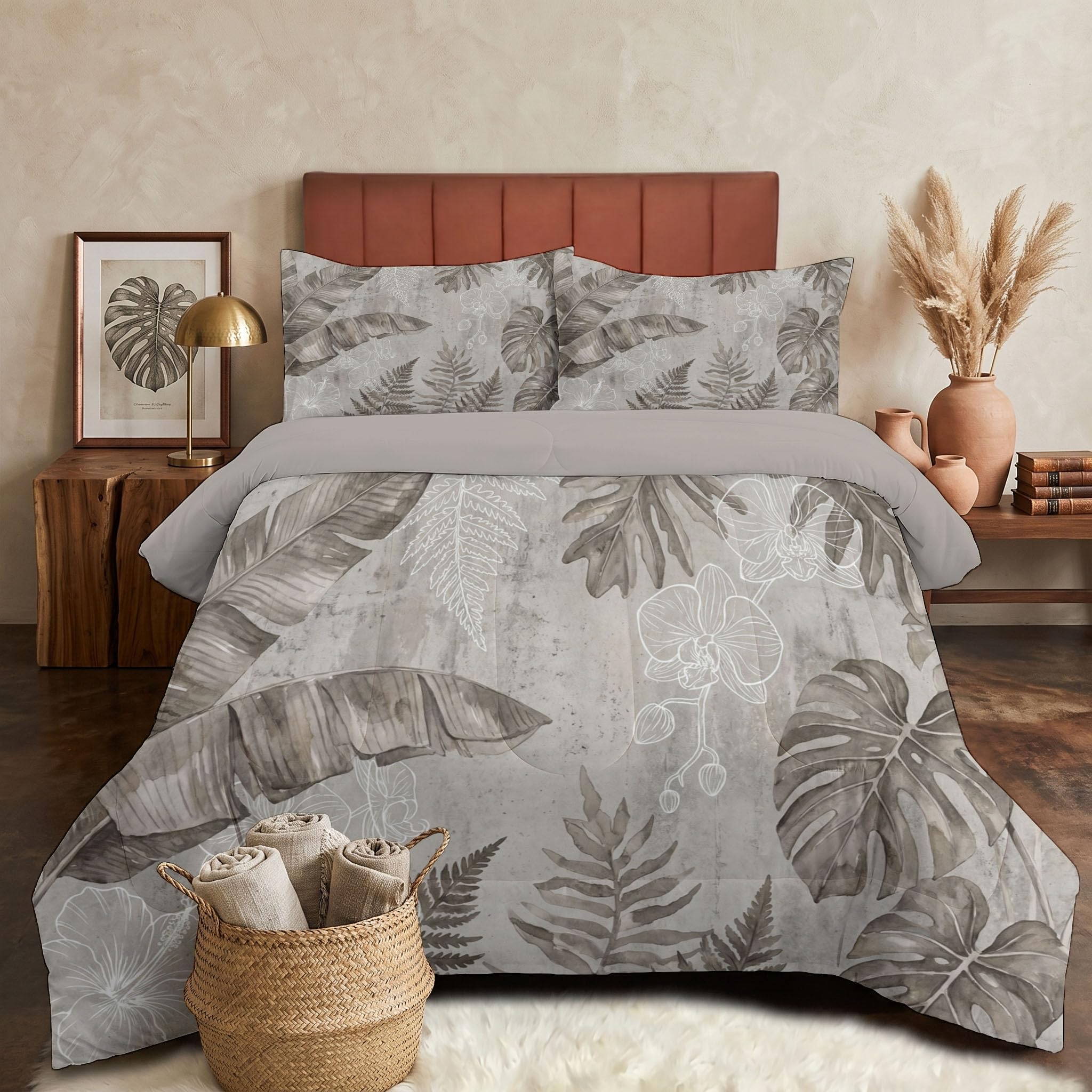 Trapunta Piante Tropicali Antiche, Piumino Singolo 4 Stagioni | 140X200 Cm Con Federa 50X80, Piumone Leggero In Microfibra, Trapunta Reversibile Semplice Graffiti A Forma Foglia Banano, Grigio