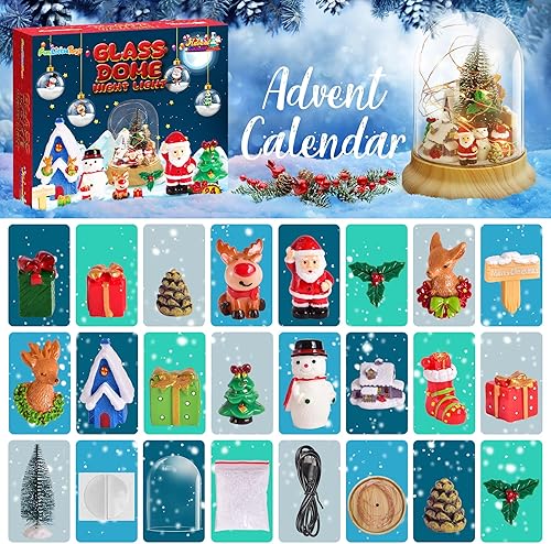 Miniatura 2 de FUN LITTLE TOYS 24 unidades de calendario de Adviento de cúpula de cristal de Navidad 2023, cúpula de cristal con luz nocturna de Navidad con tira