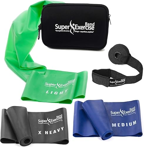 Super Exercise Band Juego de 3 bandas de resistencia de 7 pies de largo de EE. UU. Aplicación para iPhone, libro electrónico, anclaje de puerta y