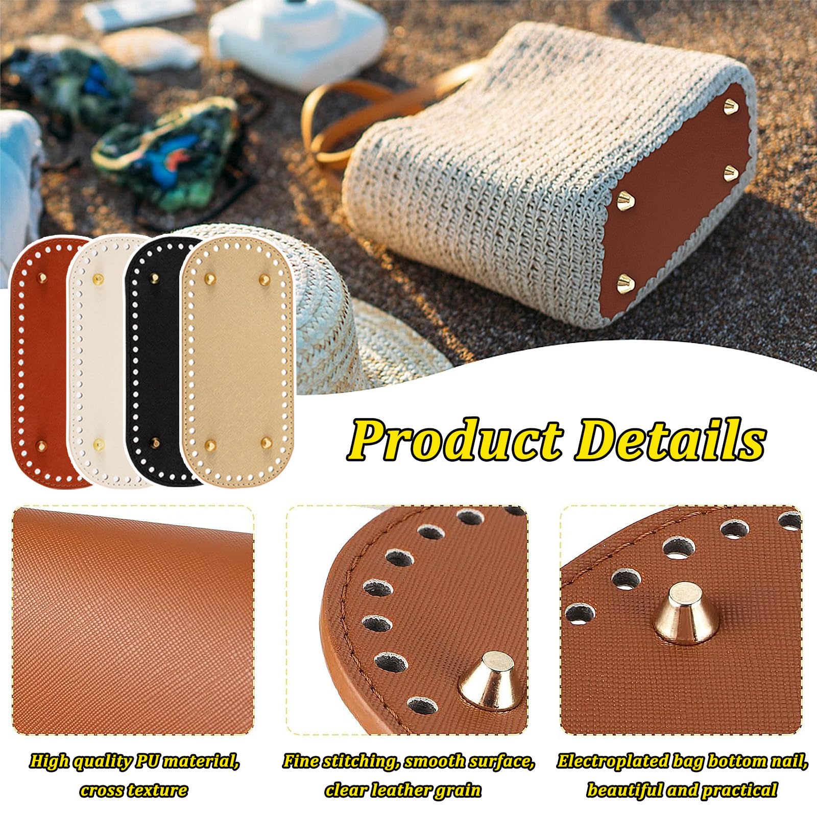 Begpoee Pack of 4 Bag Base PU Leather, Bottom Bag Crochet, Oval Bag Base PU Leather, Knitting Crochet PU Bag Base, 22 x 10 cm - Image 4