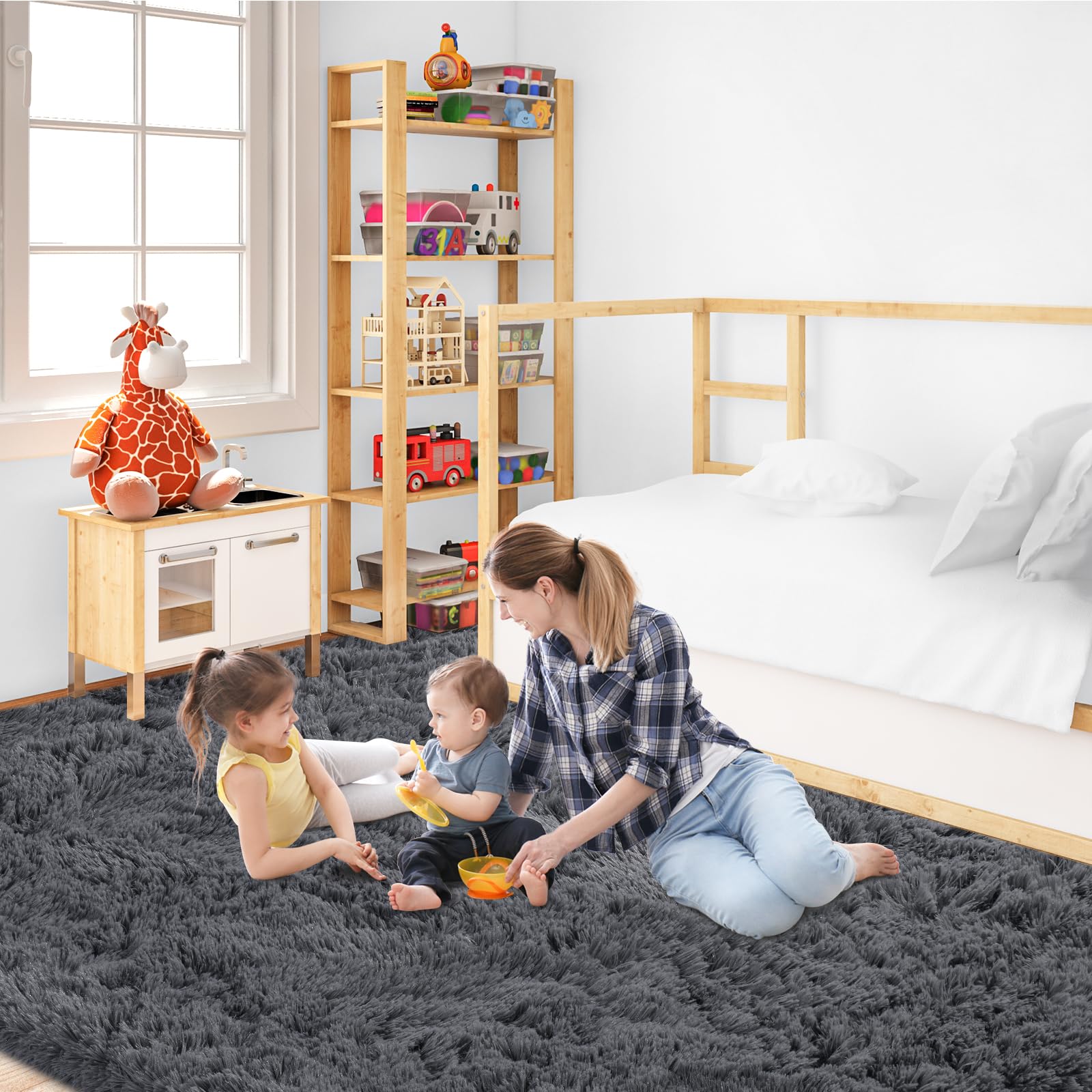 JOJOSEE Hochflor Teppich Wohnzimmer 200 x 300 cm Grau | Anti-Rutsch Wohnzimmerteppich Waschbarer Flauschiger Teppich für Schlafzimmer & Kinderzimmer