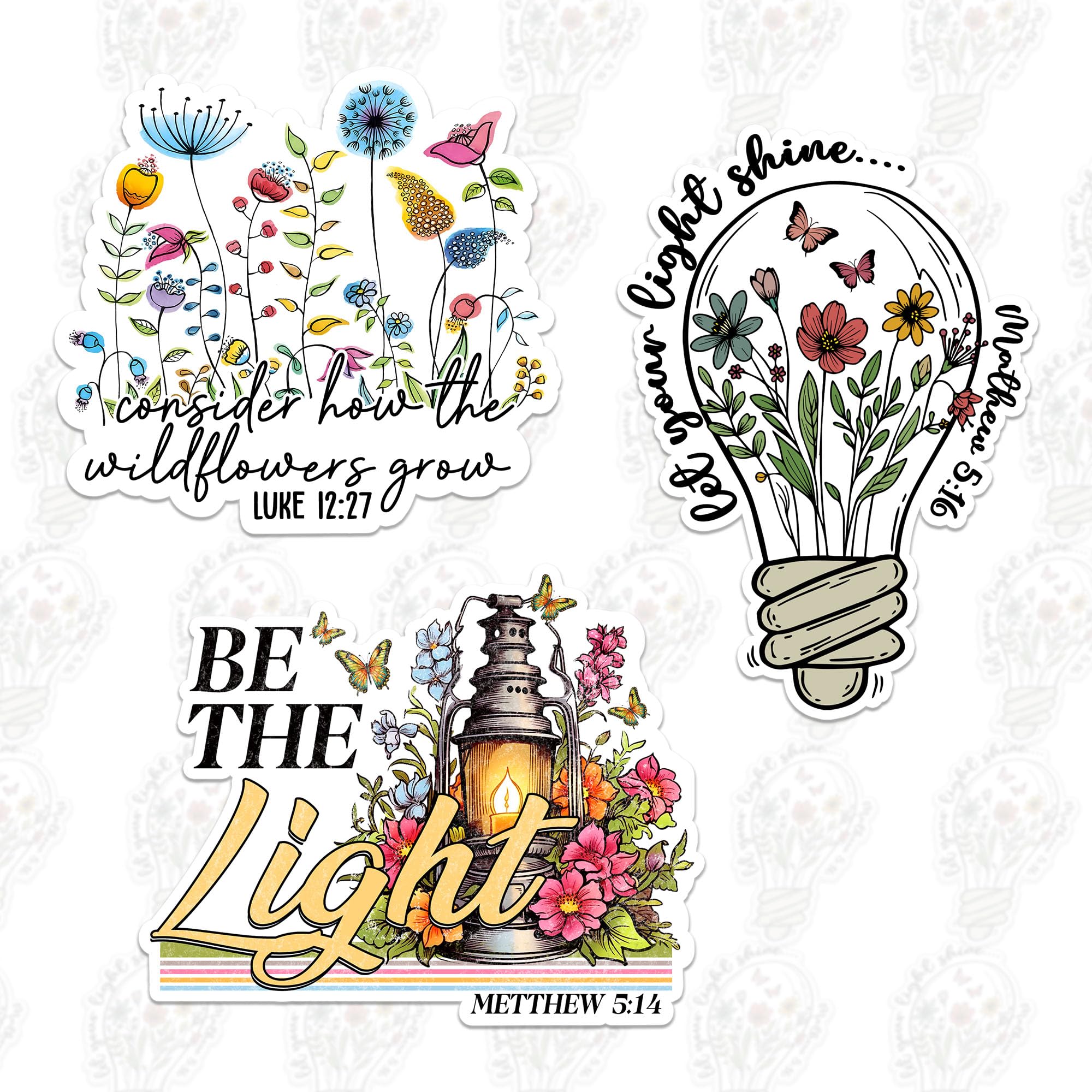 3 Pcs Bible Verse Sticker Pack – Christian Faith Vinyl Decal “Be The Light” Matthew 5:14, “Let Your Light Shine” Matthew 5:16, “Wildflowers Grow” Luke