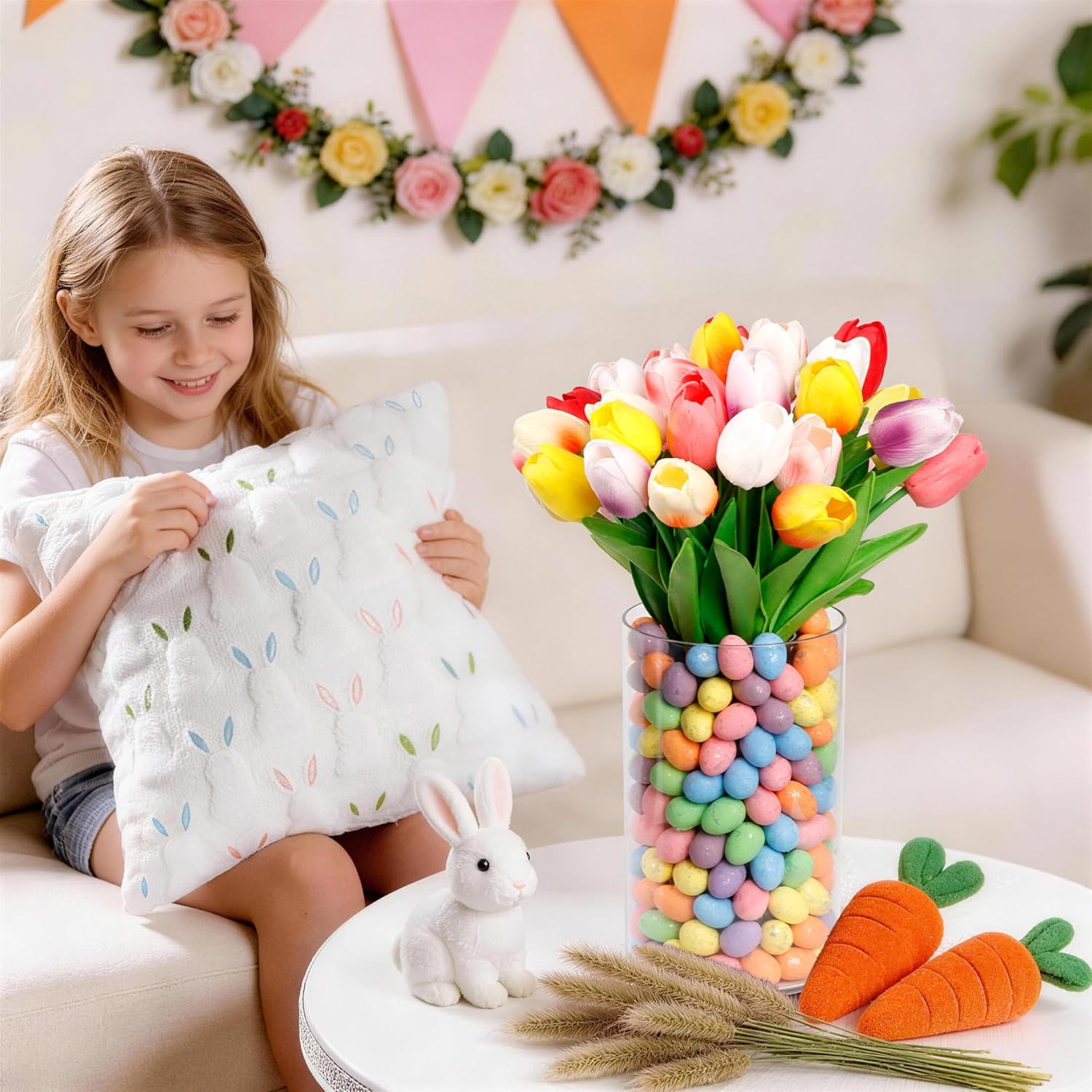 ALFEVA Easter Decorations-Vase in Vase 15pcs Artificial Tulips and Approx 150pcs Easter Eggs Filler, Easter Vaseset Ready to Display，Spring Decorations for Home Table
