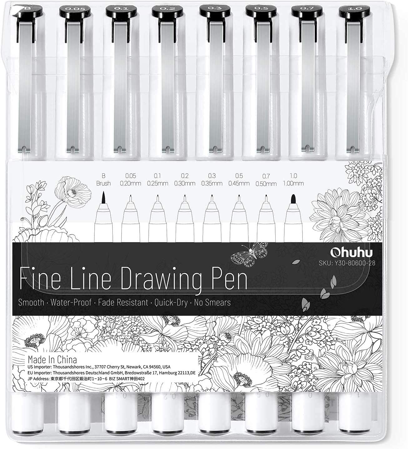 Ohuhu Millimeter Pen for Drafting, Fine Line Drawing, Line Width, 0.2mm-1.0mm, Brush Type, Water-Based Signs, Cartoons, Sketching, Illustration, Waterproof, Black : Office Products