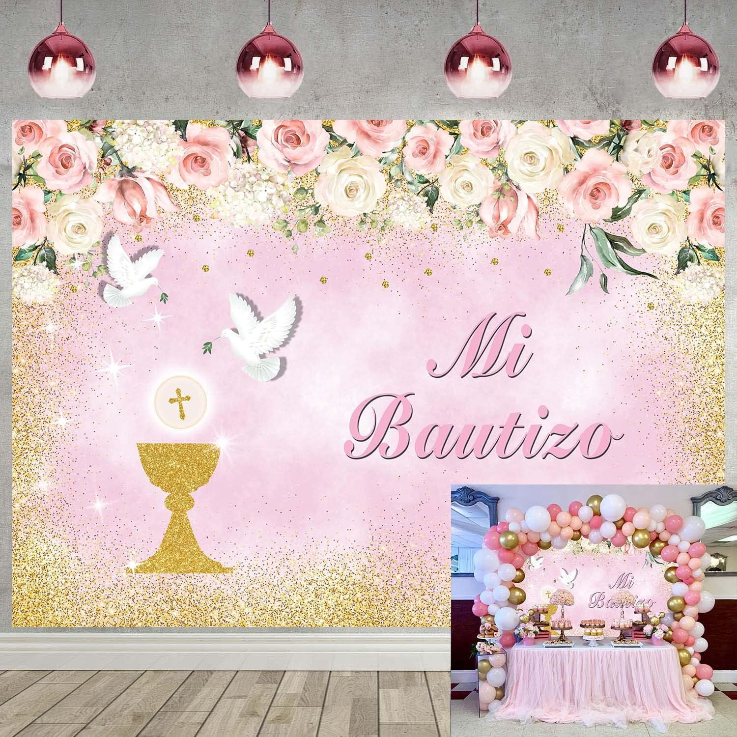Mi Bautizo - Telón de fondo para niña, bautizo, flores rosas, fondo de