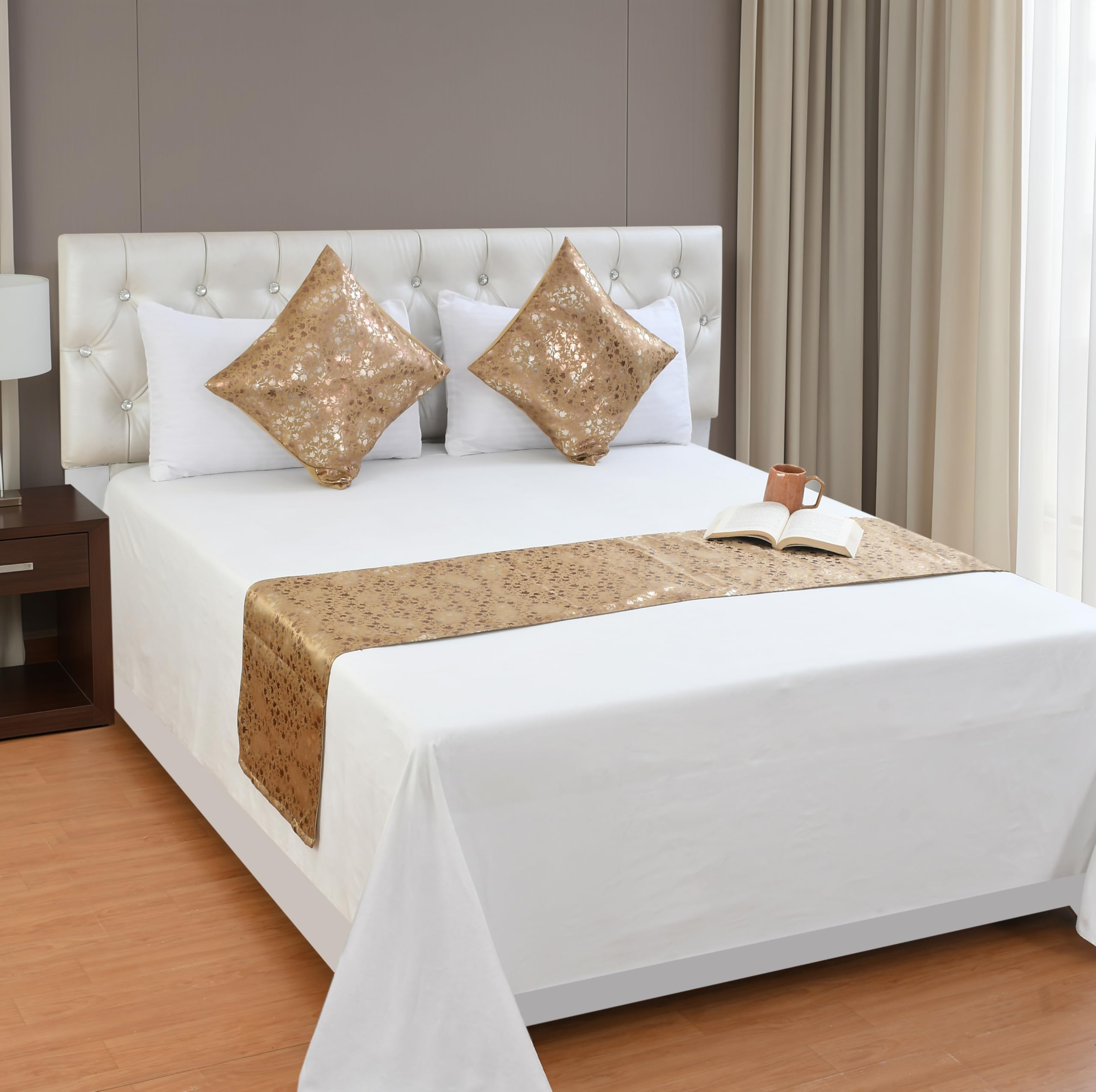 300TC Foil Print Bed Runner with Cushion Cover Set for Hotel, Resort, Guest House, Air BNB (Bed Runner: 18x90 inches Cushion Cover 16x16 inches) (Golden)-picture-30