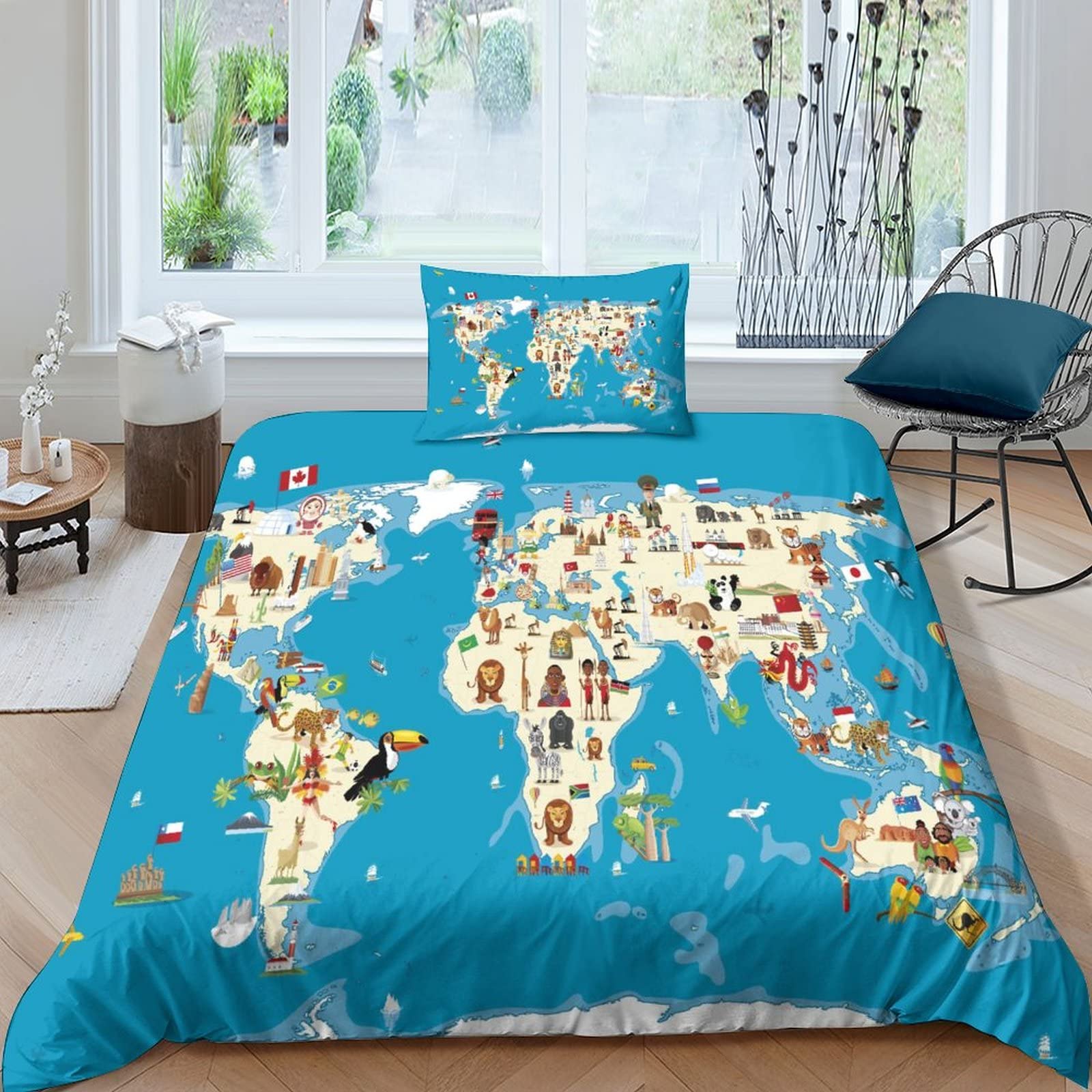 HOTGE World Map Printed Duvet Cover Set Soft Microfiber Bedding Set for Adults Teenager Kids 3Pcs Quilt Cover with Zipper Closure for Home Decoration Single（135x200cm）