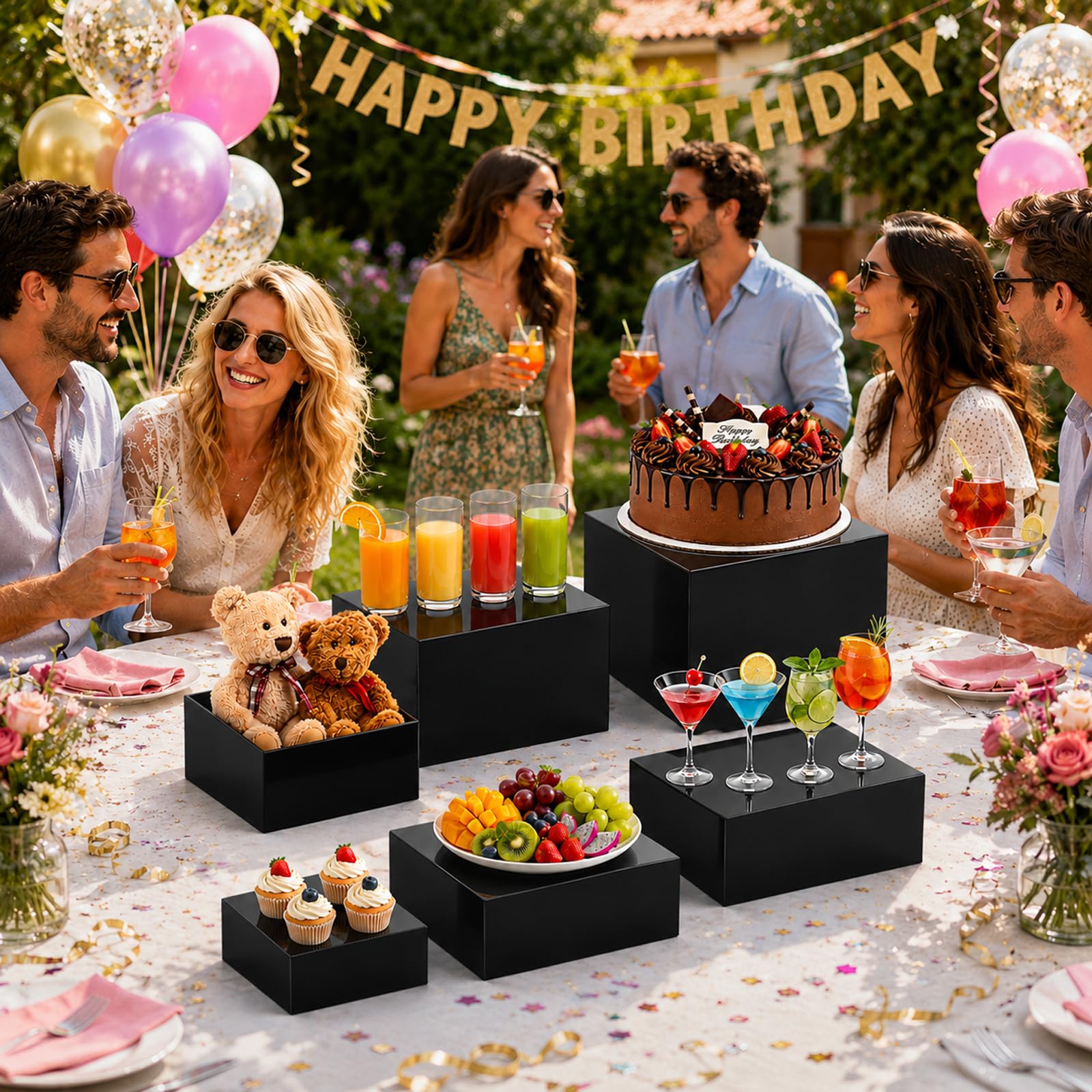 6 soportes de exhibición negros para alimentos y pasteles, elevadores de bufé, cajas de exhibición acrílicas, soportes de postre para exhibición de mesa de buffet, torre de cupcakes, soporte