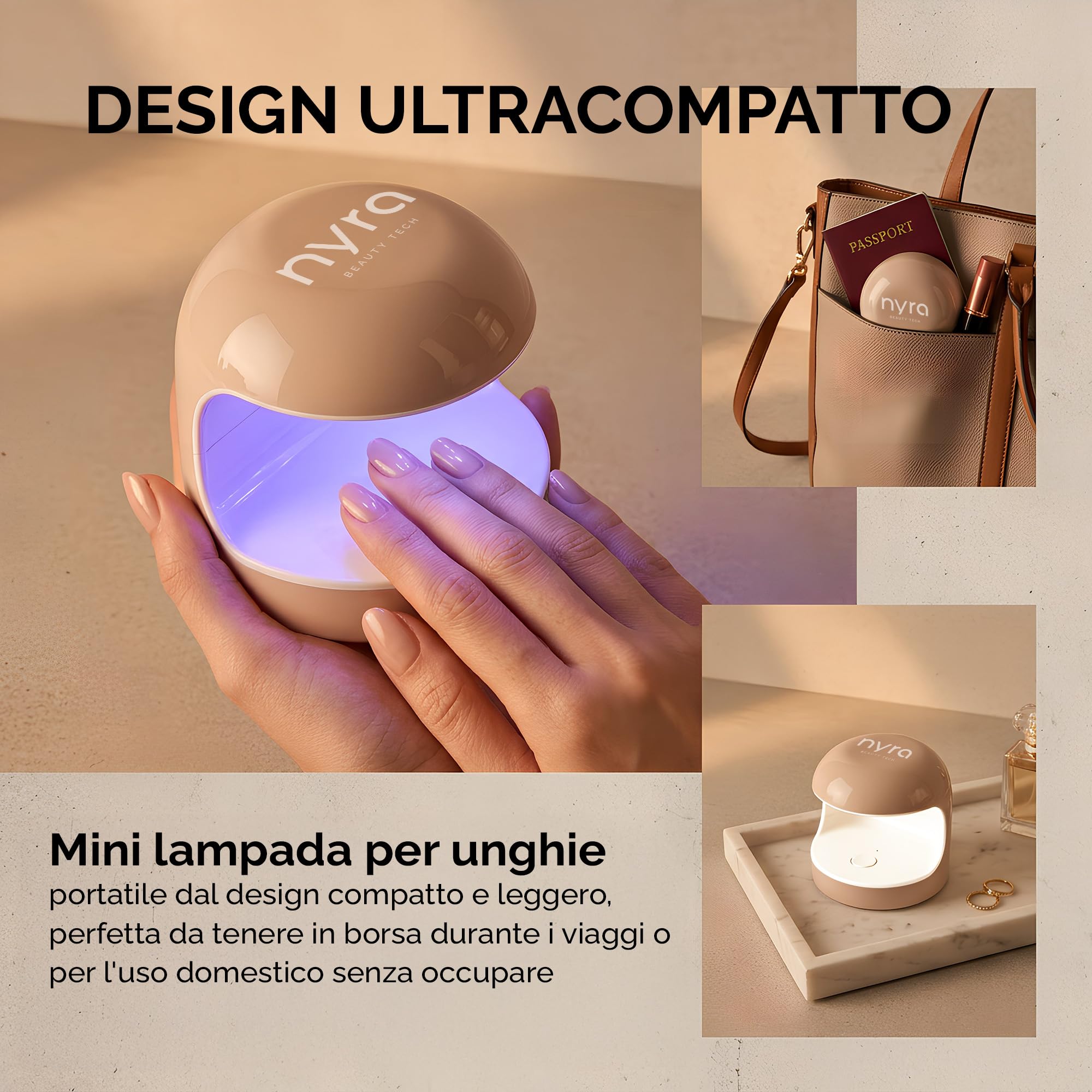 Nyra Mini Lampada per Unghie UV/LED, 5W, Asciugatore Ultracompatto con 5 LED, Timer 60s, Sensore Automatico, Alimentazione USB, per Smalto Gel