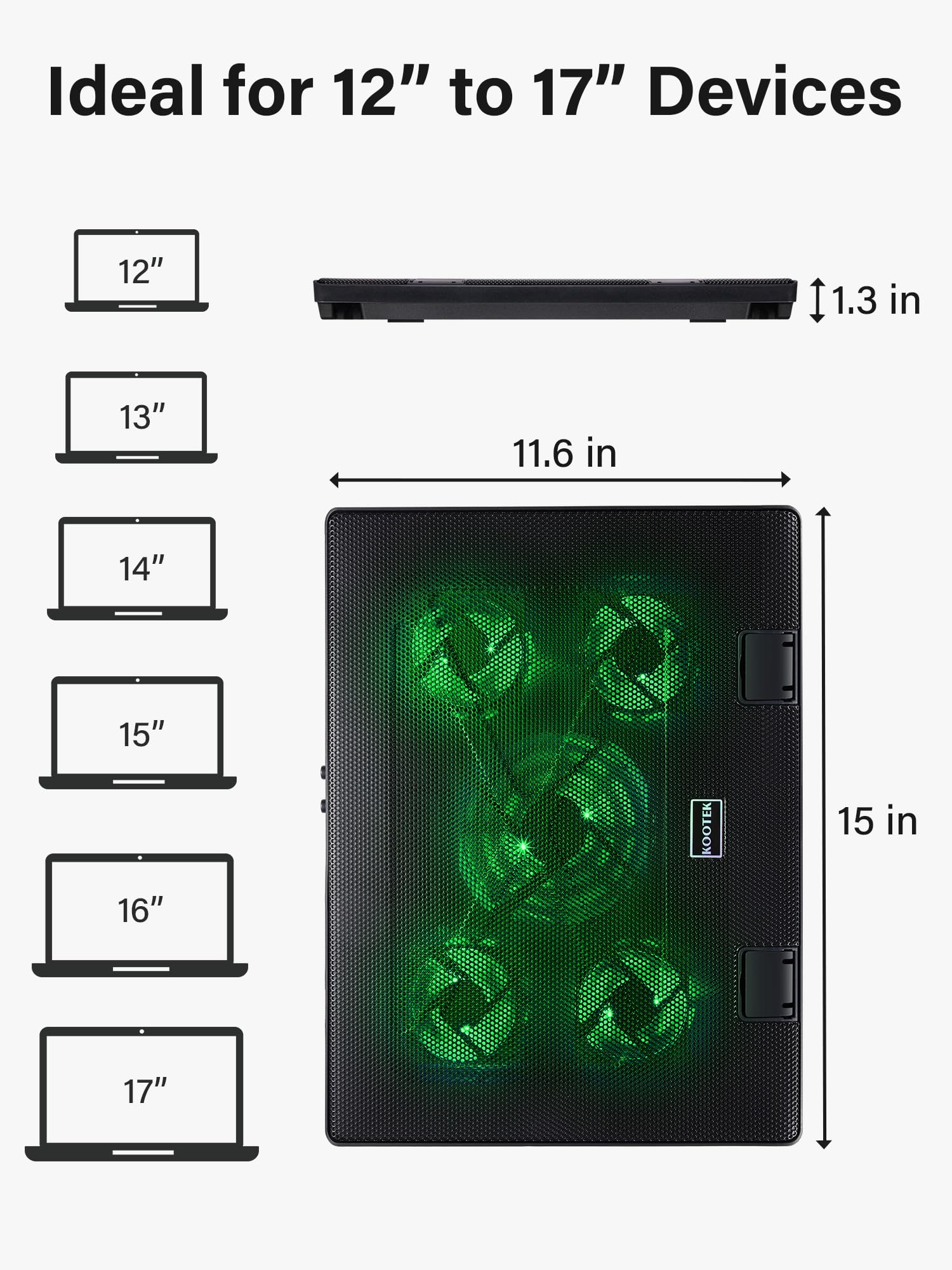 Kootek Almohadilla de refrigeración para laptop, enfriador de laptop con 5 ventiladores silenciosos para computadora de 12 a 17 pulgadas, ventilador de computadora portátil para juegos, soporte de