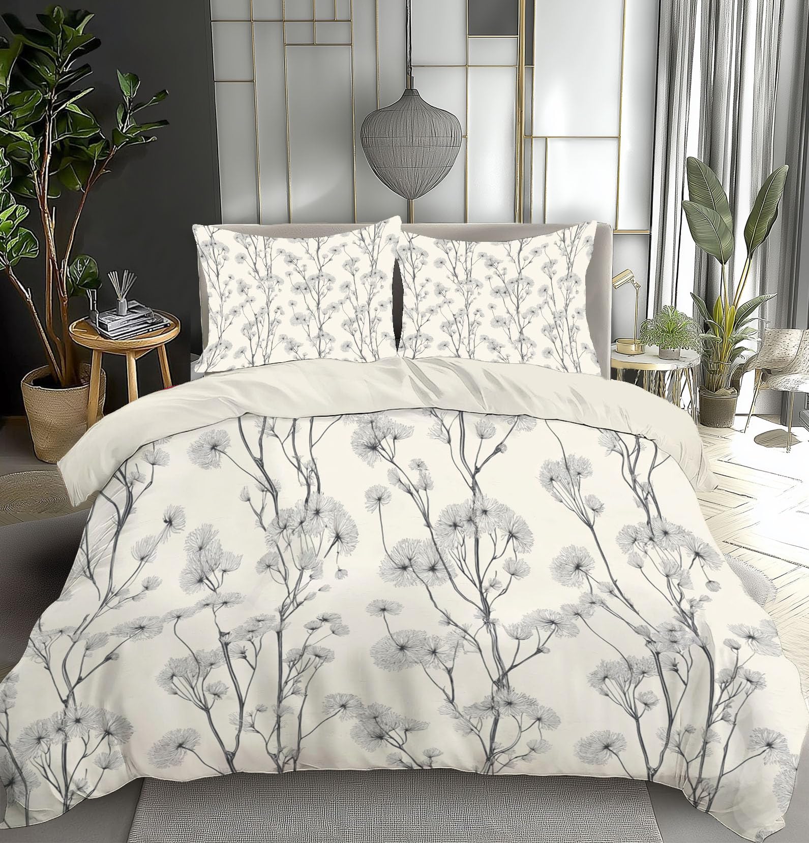 Parure de lit 200x200 pissenlits fleurs beige gris avec housse de couette