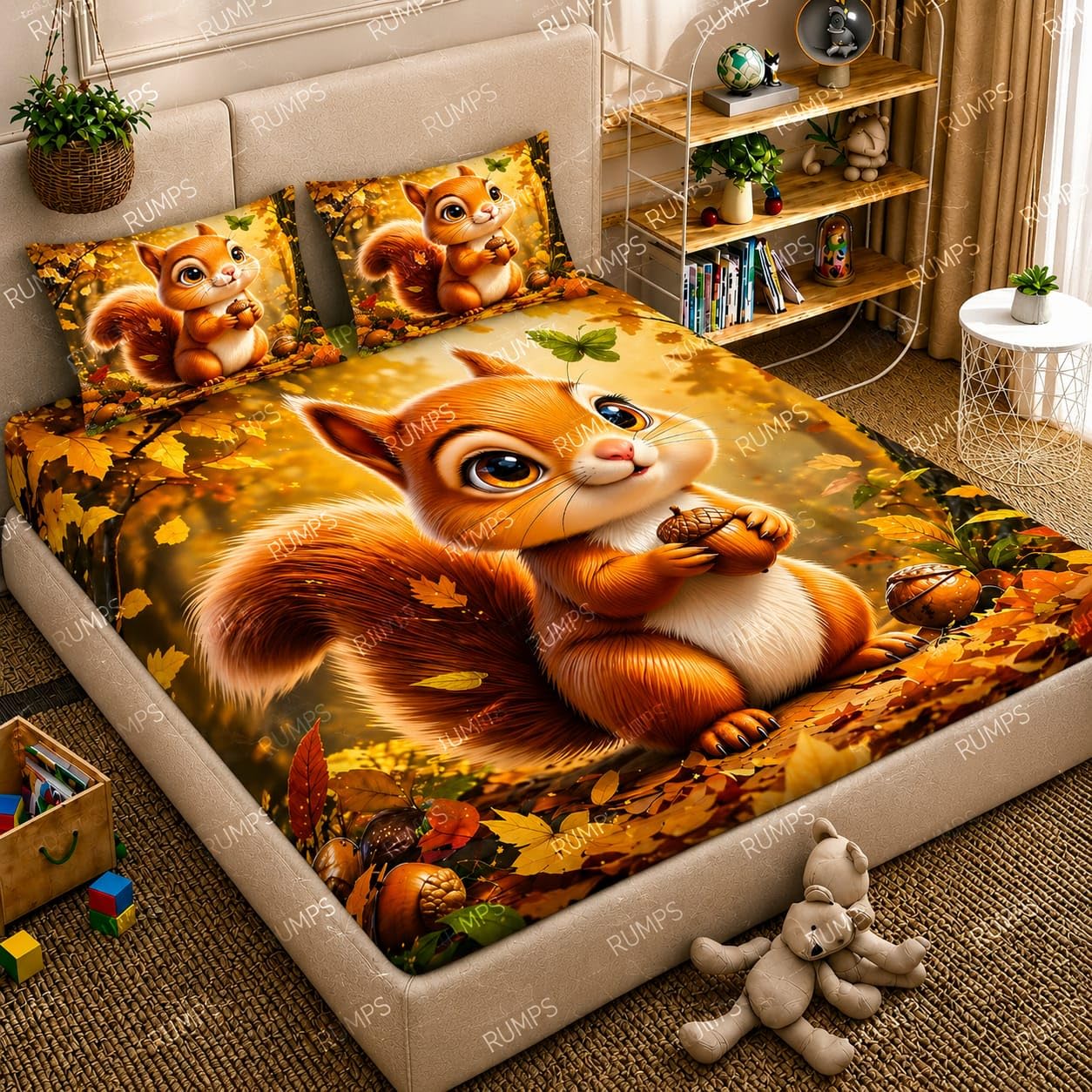 RUMPS 7D Digital Cute Squirrel Kids Bedsheet with 2 Pillow Covers, King Size Flat Bedsheet 90x100 Inch, Cartoon Animal Printed Bedsheet