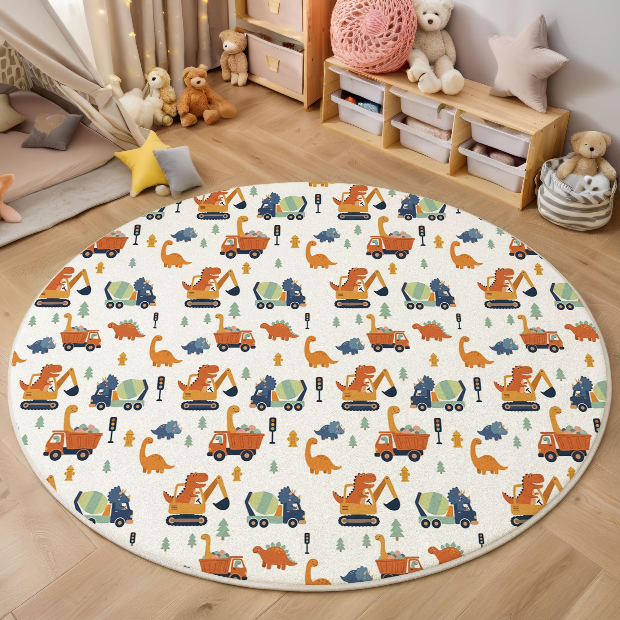 Tappeto per Bambini Stile cartone animato Gioco Rotondo 180cm | Tappeto Salotto, Morbido Veicolo costruzionenosauro Tappetini Antiscivolo Tappetos per Cameretta CucinaColore arancione