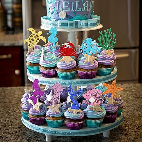 Miniatura 5 de 30 piezas de adornos de sirena para cupcakes con purpurina de estrella de mar coral cola de sirena para cupcakes, pulpo, caballito de mar, medusas,