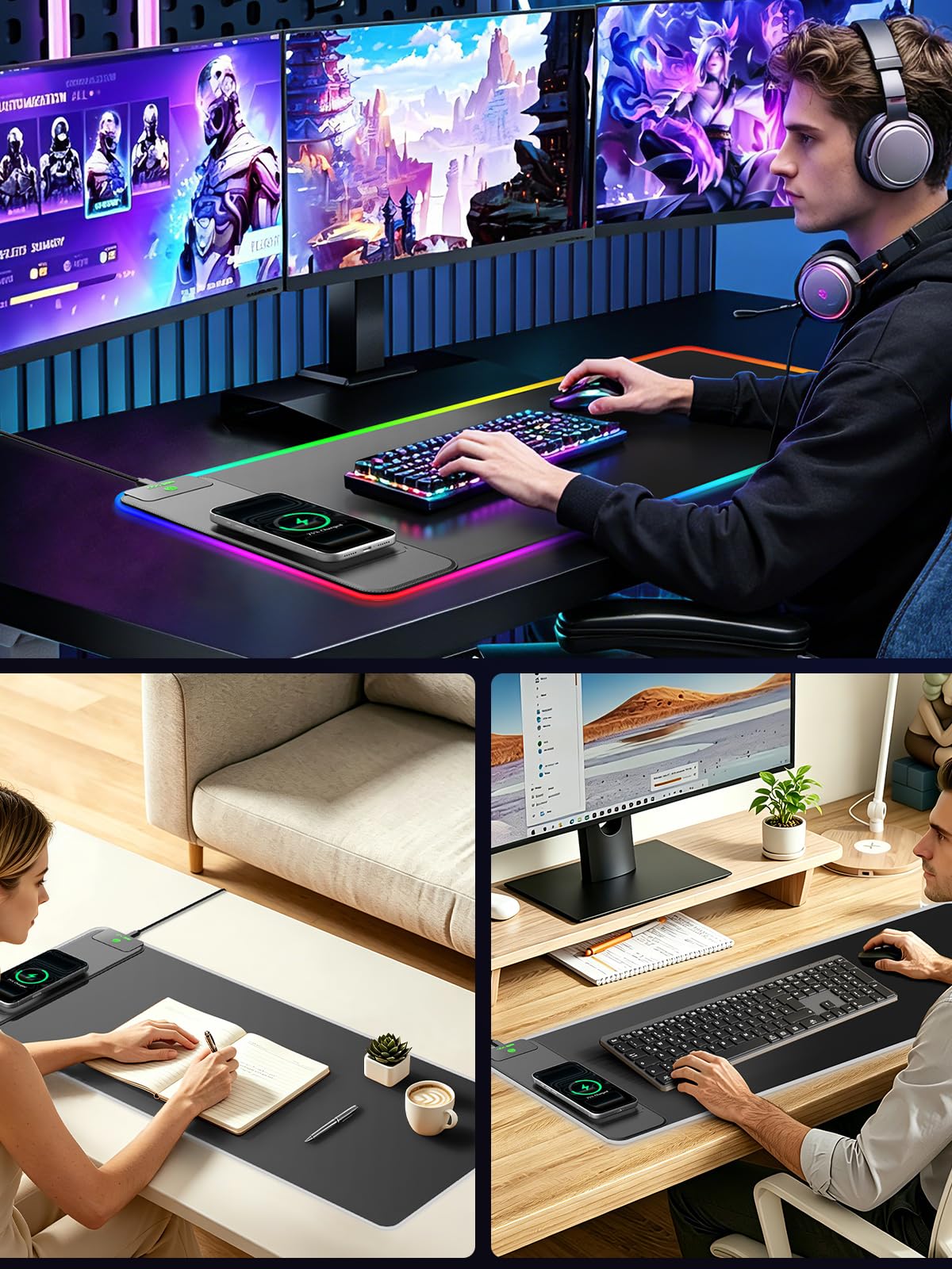 Tappetino per mouse da gioco RGB con ricarica wireless, 800 x 300 grandi, 24 effetti di luce, base antiscivolo, superficie ultra liscia impermeabile