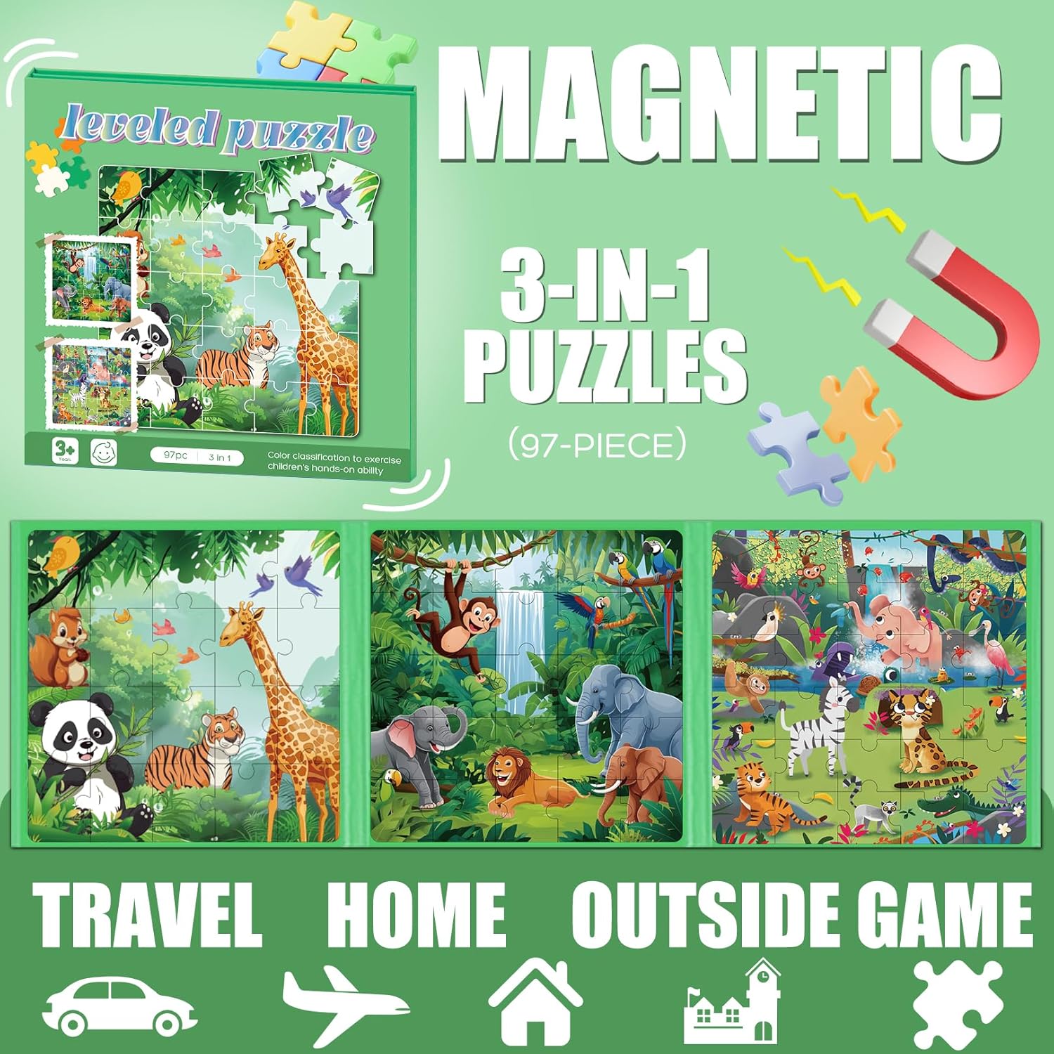 Magnetic Puzzles for Toddlers 3-5, 75-Pieces Travel Toys, Animal Jungle Puzzles Ages 4-6, Educational Learning Magnets, Road Car Trip & Airplane Activities Toys for 3 4 5 6 7 Girls Boys Gift