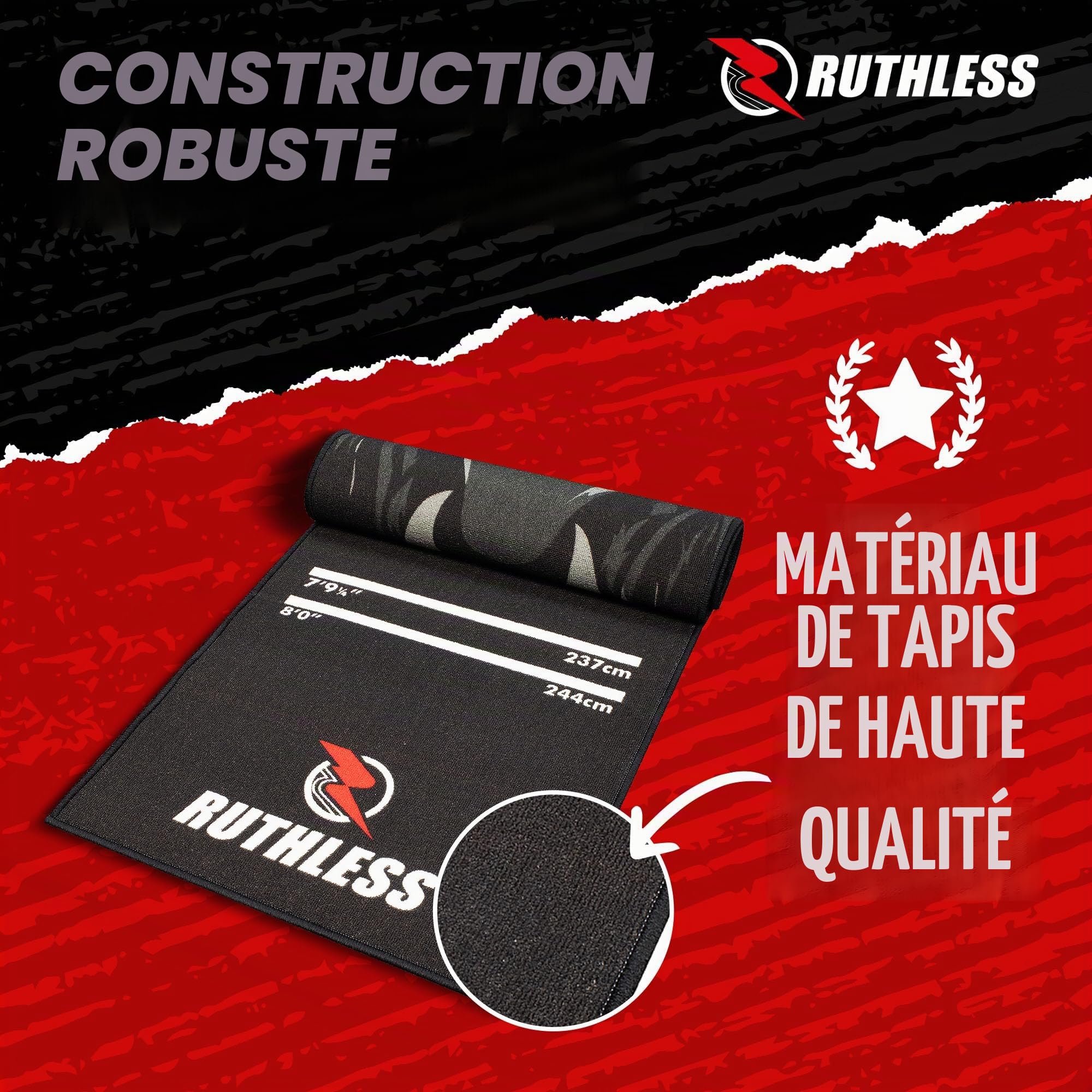 RUTHLESS Tapis de fléchettes | Tapis de fléchettes Robuste antidérapant Durable pour Sol Noir
