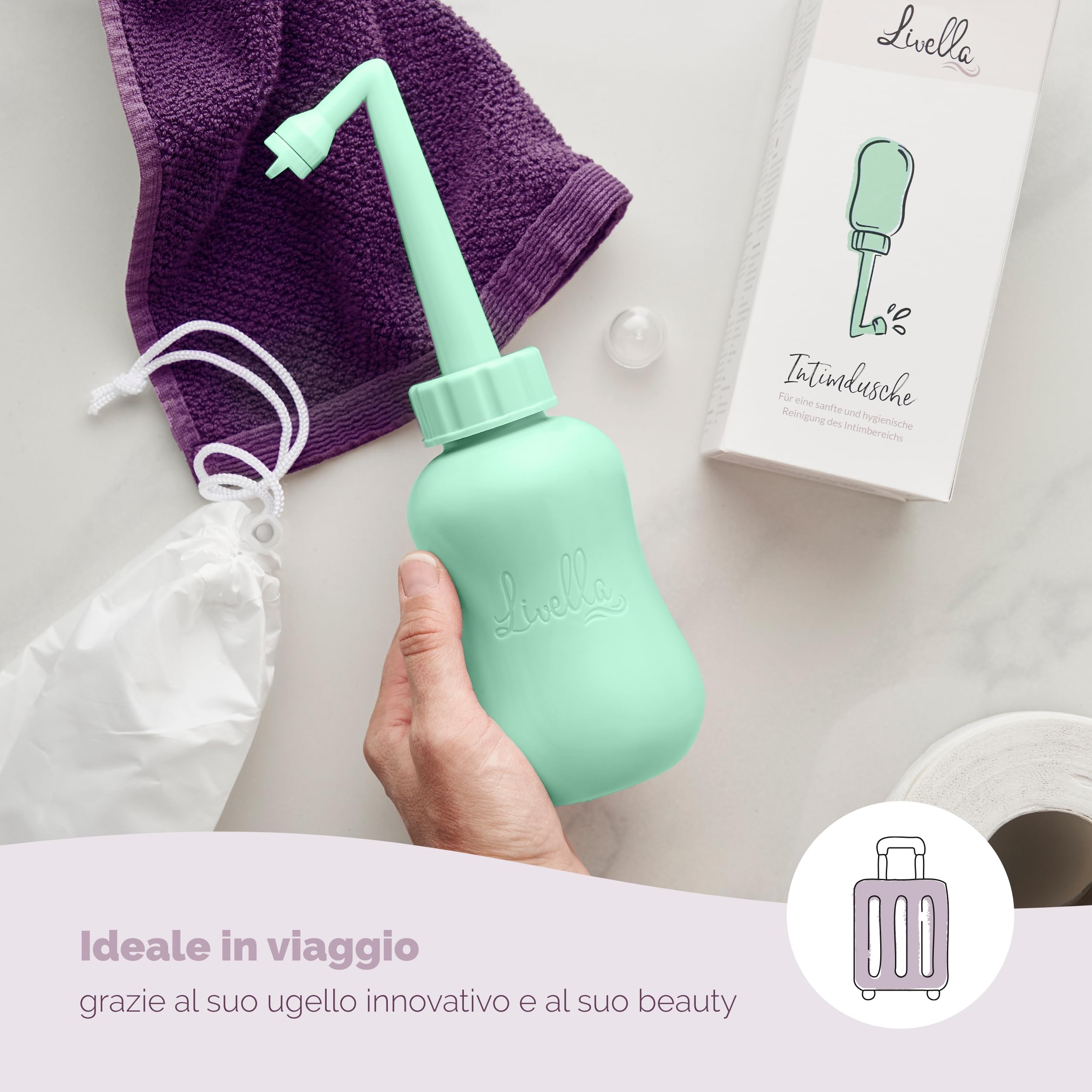 Spruzzatore portatile per bidet Livella, sviluppato in Germania, per una delicata igiene intima e un maggior comfort post-partum, bidet da viaggio ideale, doccetta per lavaggio perineale e anale