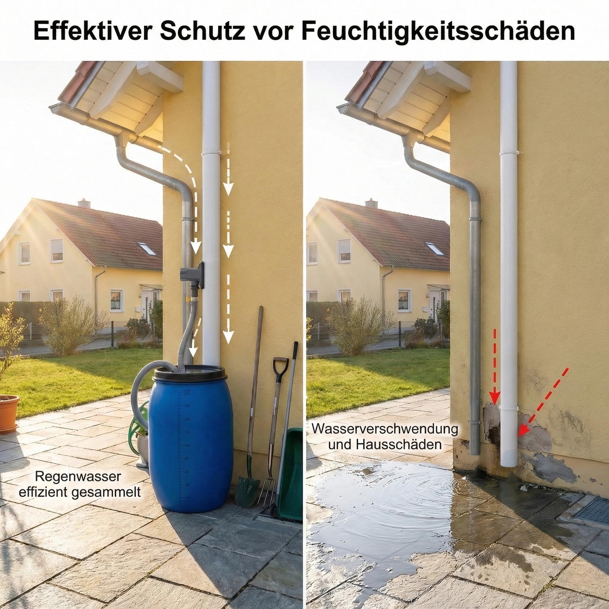 Regensammler für Fallrohre 70-110mm, Regenwassersammler mit Montagezubehör und 100cm Schlauch, Regentonnen Anschluss Fallrohr, Fallrohr Regenwassersammler Set für Dachflächen bis 80 m²