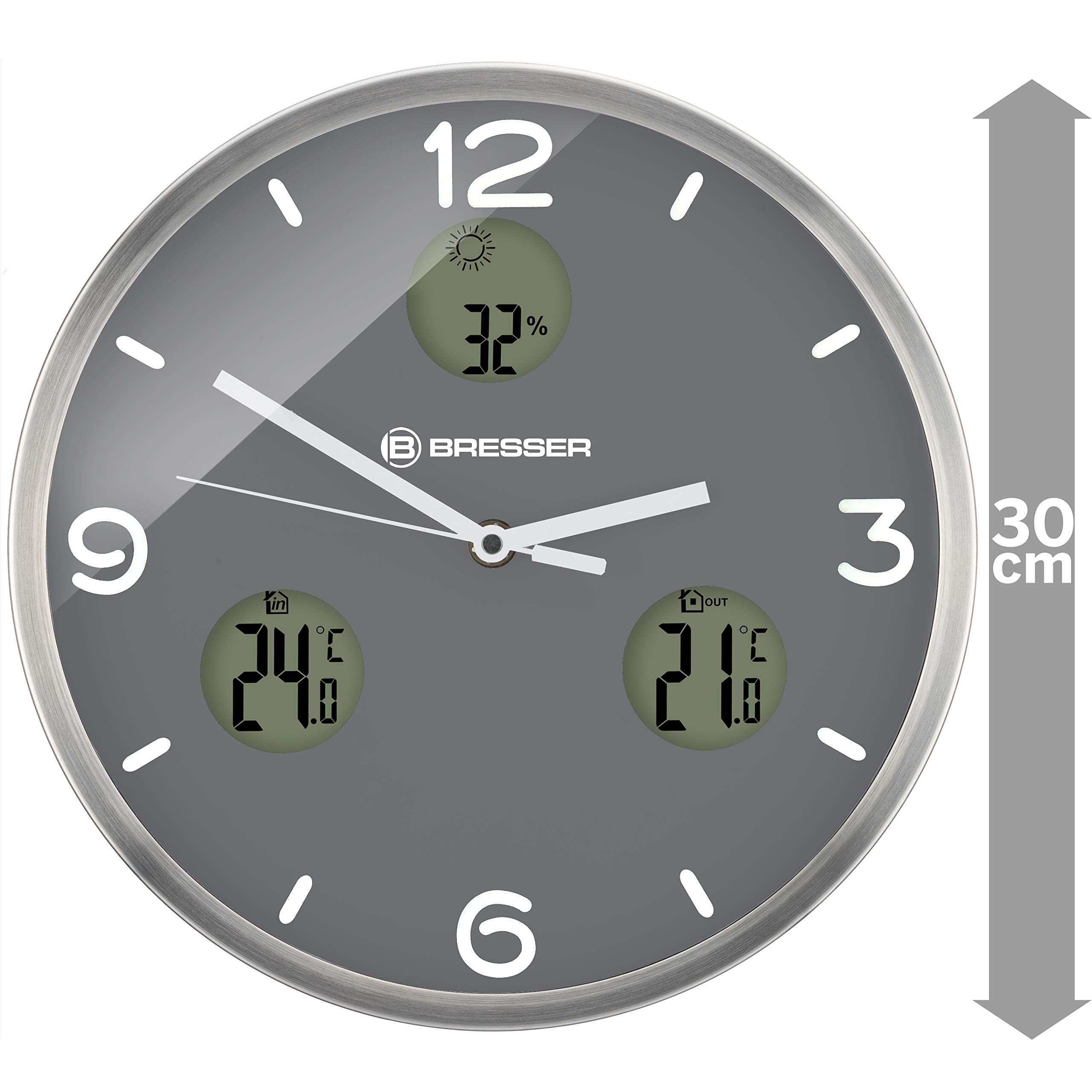 Bresser MyTime io NX Funk-Wanduhr mit Thermometer und Hygrometer - 30 cm Durchmesser, grau, 8020211MGU000