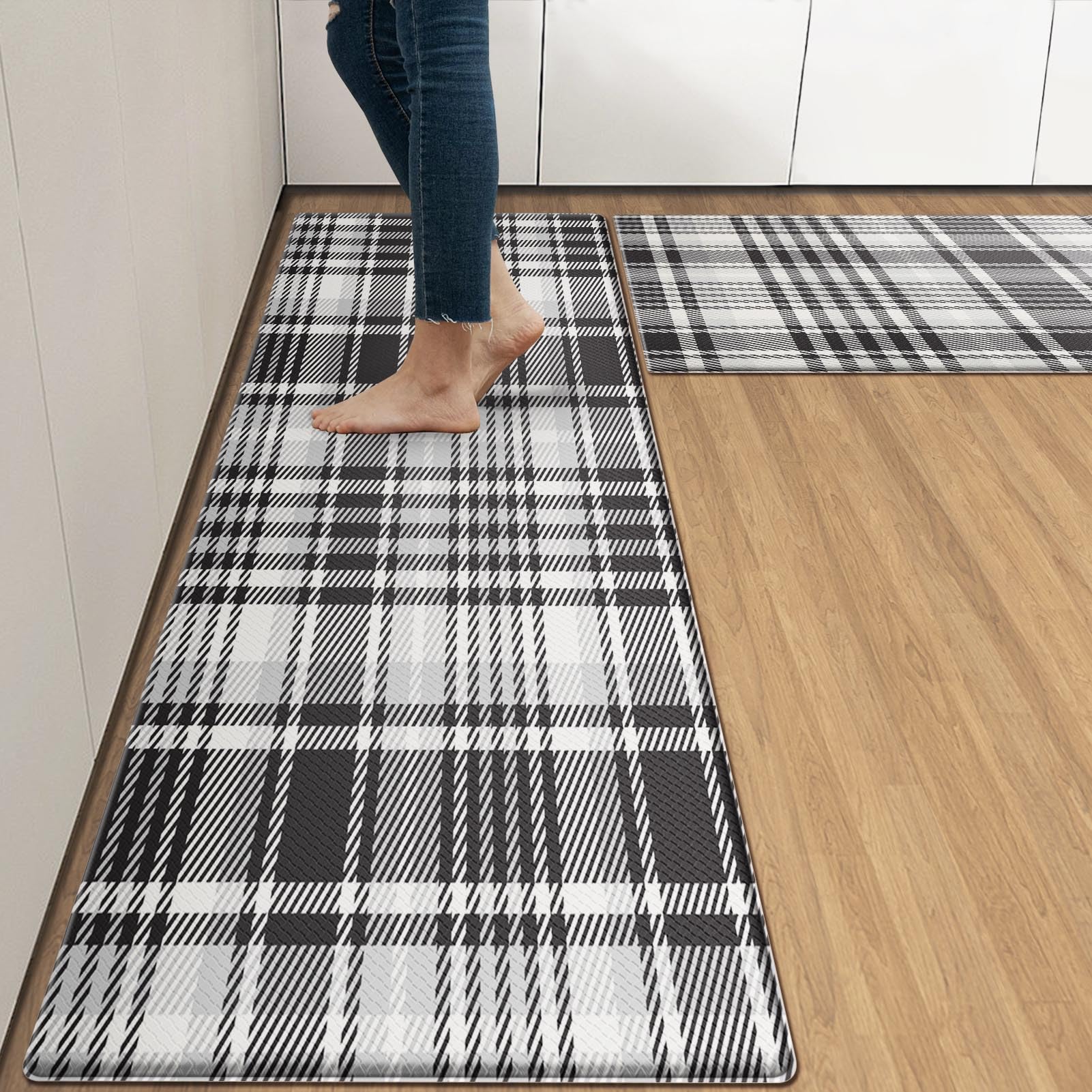 Arttown Anti-Fatigue Kitchen Rug Set of 2, Waterproof Non-Slip, Plaid Black — image 1