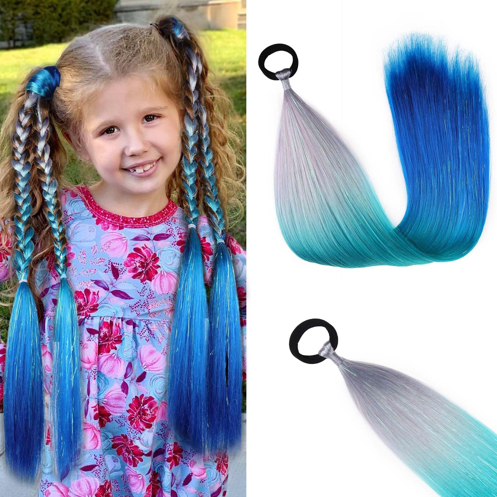 Rainbow Ponytail Extensions with Hair Tie 2 Packs 50g/Pack Coloured Hair Extensions for Braiding 26 inch Colourful Ombre Mermaid Pony Tail Synthetic Hair Extensions for Girl Women #S37