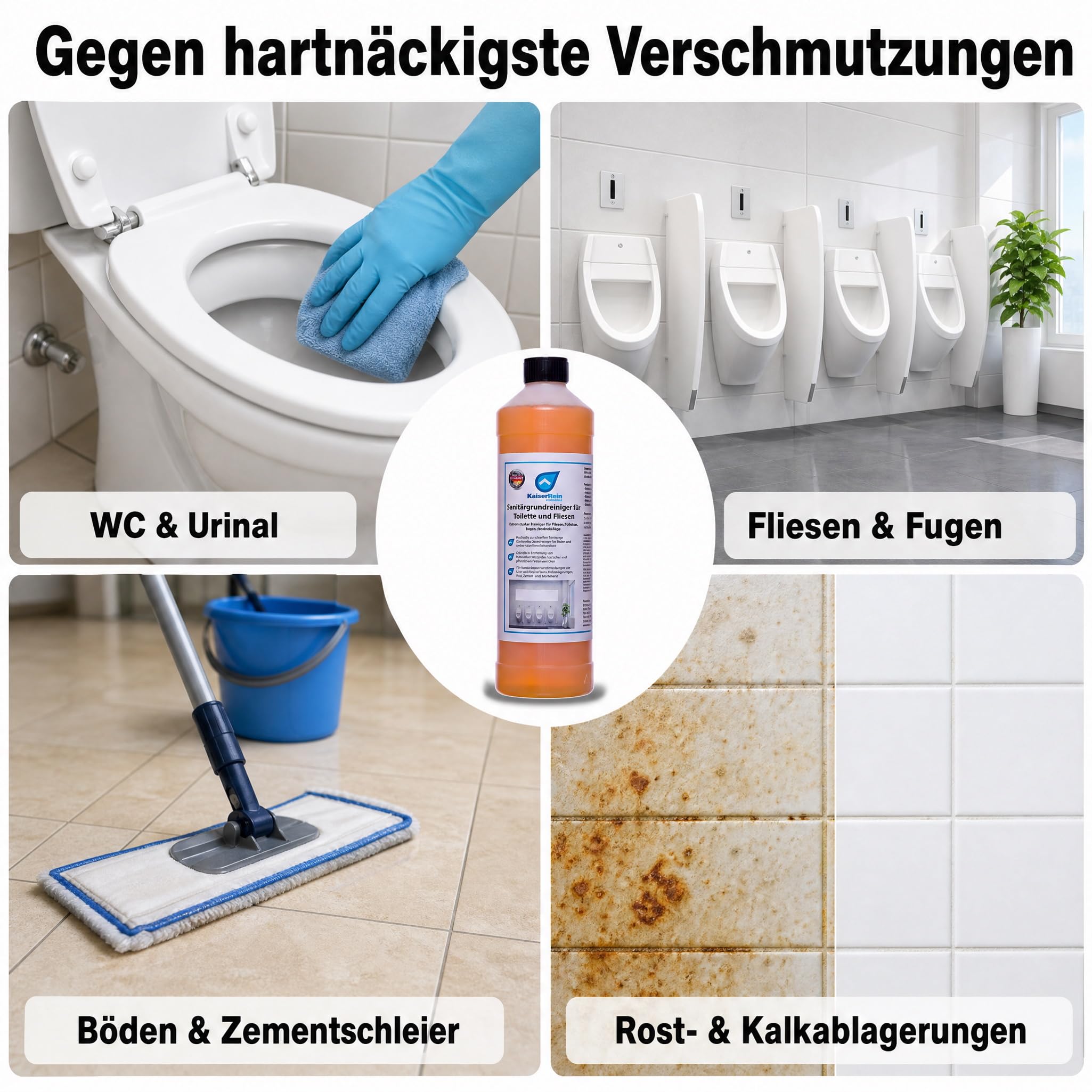 KaiserRein Urinsteinentferner Extra Stark, Sanitärgrundreiniger für Toilette und Fliesen, Toilettenreiniger extrem stark Profi-Sanitärreiniger gegen Kalk & Rost, 3 x 1 L, Made in Germany