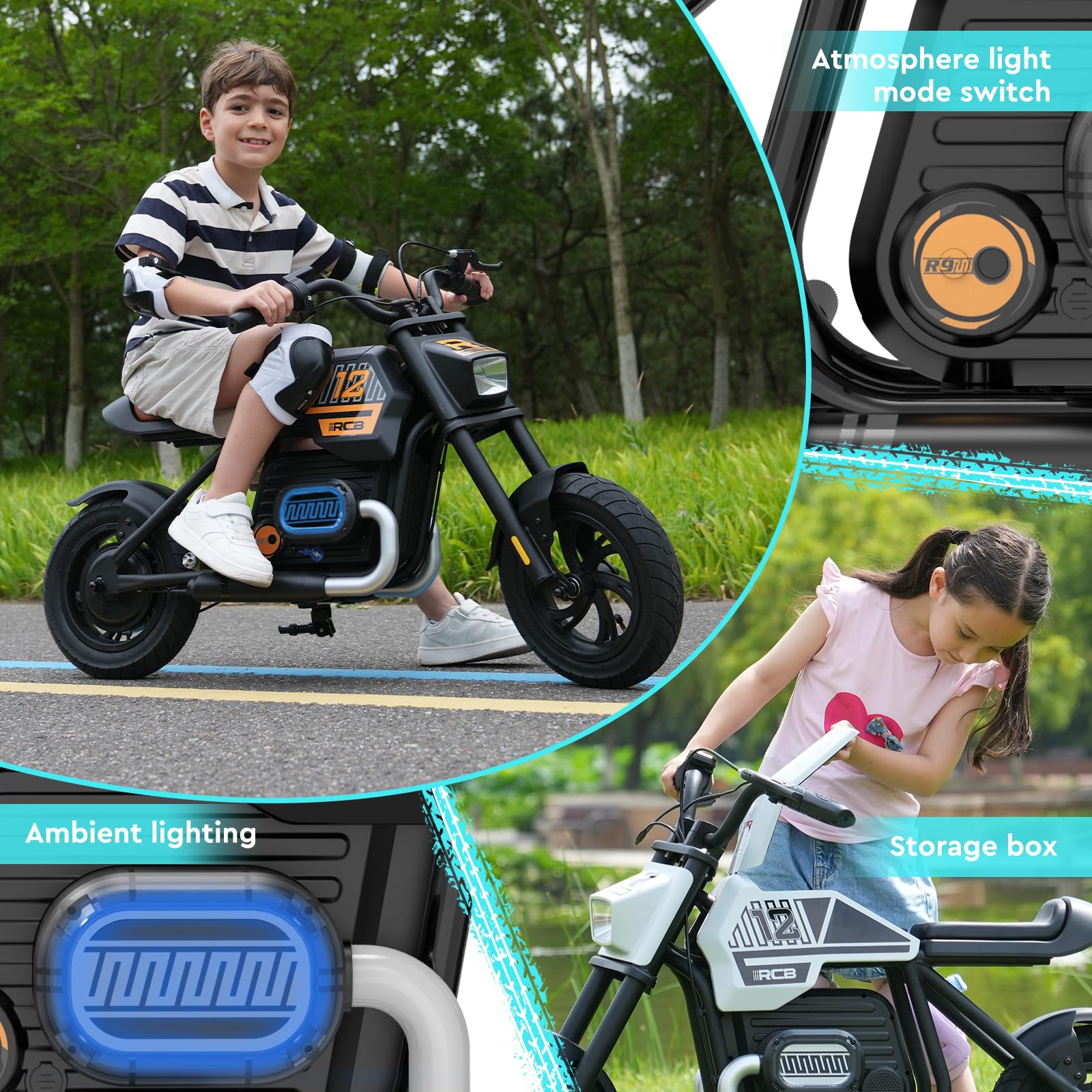 RCB R9 Kinder-Elektromotorrad, Elektro Motorrad mit Lautsprecher, 10/15/25KMH&15KM Reichweite, Stimmungsbeleuchtung, 12-Zoll-Luftreifen für Kinder 6+ Jahren