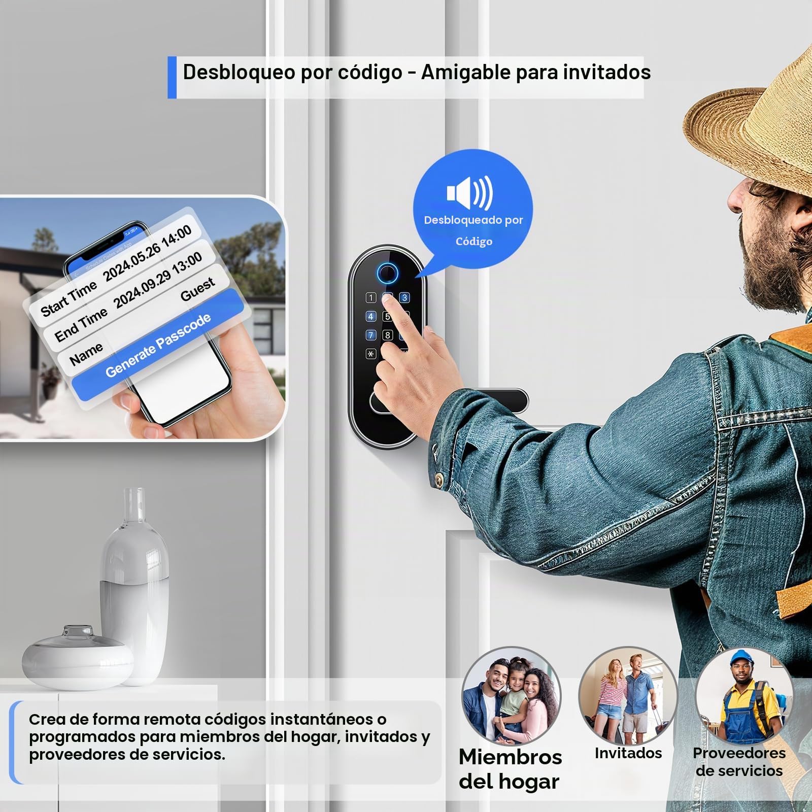 Cerradura inteligente de puerta digital, entrada sin llave, cerradura de huellas dactilares para puerta delantera