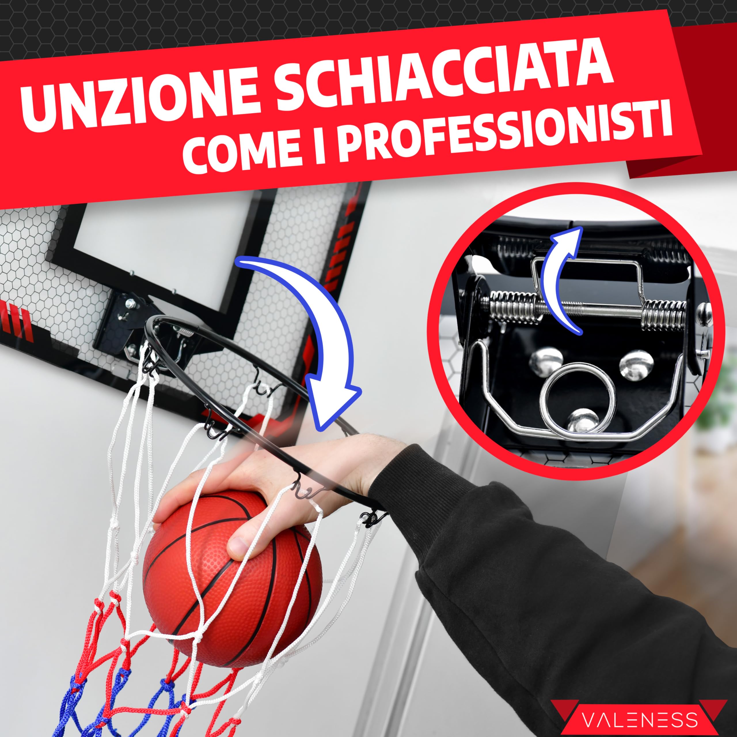 VALENESS® Mini Canestro da Basket da Interno [per Porta & Parete] - Piccolo Canestro con Funzione Schiacciata, 4 Palloni, Pompa & Accessori di Montaggio - per Bambini e Adulti