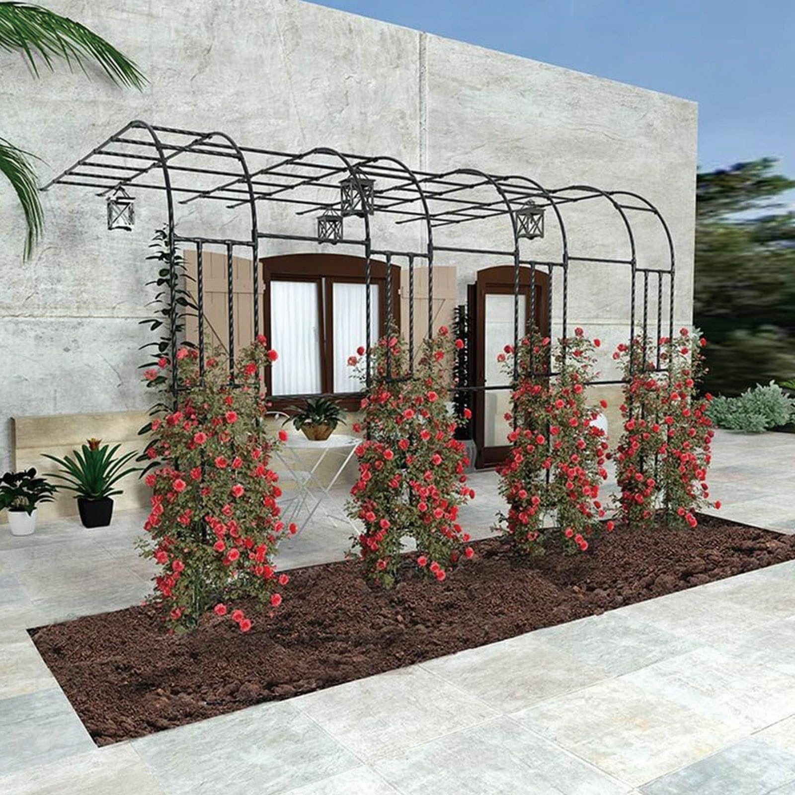 Traliccio ad arco da giardino a metà lato, nero, per piante rampicanti, rose, viti, perfetto per patio, prato e cortile