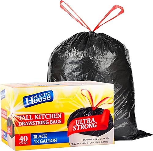 Bolsas de basura grandes y fuertes con cordón de 13 galones, bolsas de basura negras para cocina, multiusos, 40 CT
