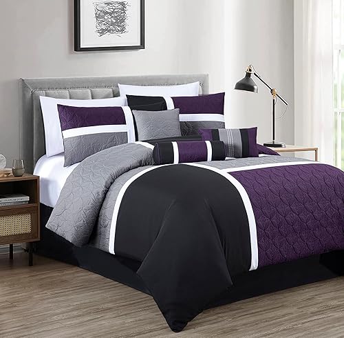Chezmoi Collection Upland - Juego de edredón acolchado de retales, 7 piezas, moradonegrogris, tamaño matrimonial