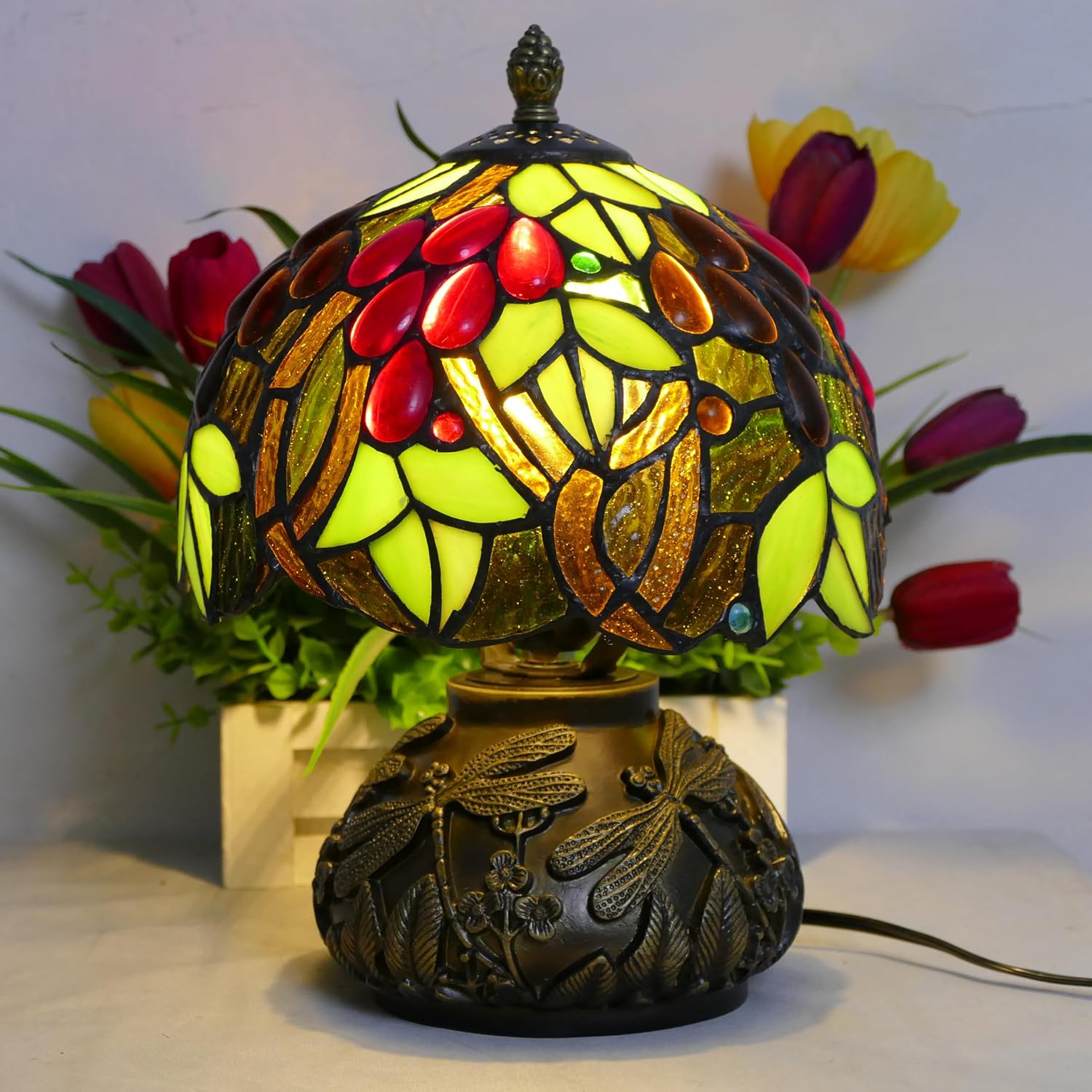 Tiffany Table Lamp Mini Nightstand Lamps Stained Glass Bedside Lamp Wisteria Night Lamp Reading Desk Light for Office Bar Bedroom Living Room,7.87 inch