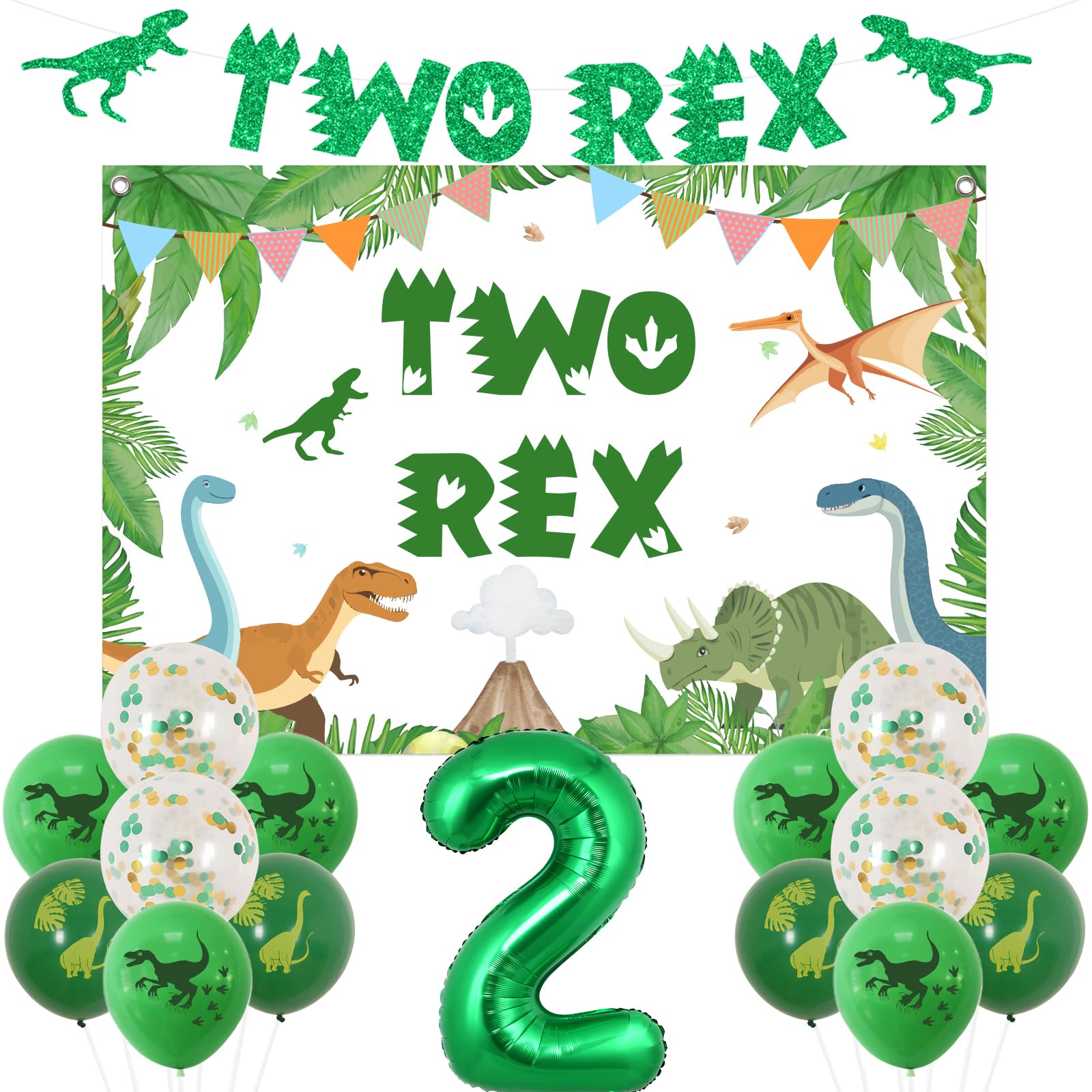 Funmemoir Dinosaur 2nd Birthday Decorations - Two Rex Backdrop Banner 2 Foil Number Balloon Dinosaur Print Balloons for Jungle Animals Themed 2 Year Old Birthday Party