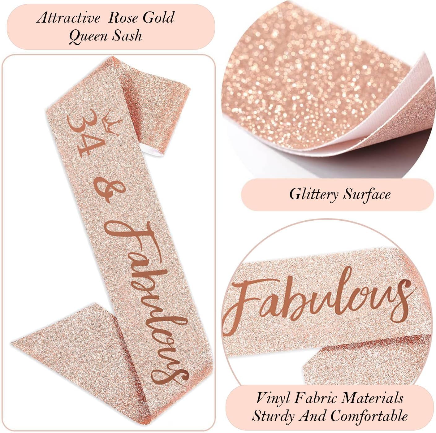 34th Birthday Decorations for Her Women, Including 34 year old Birthday Cake Topper, Queen Sash with Pearl Pin, Sweet Rhinestone Tiara Crown, Number Candles and Balloons Set, Rose Gold - Image 4