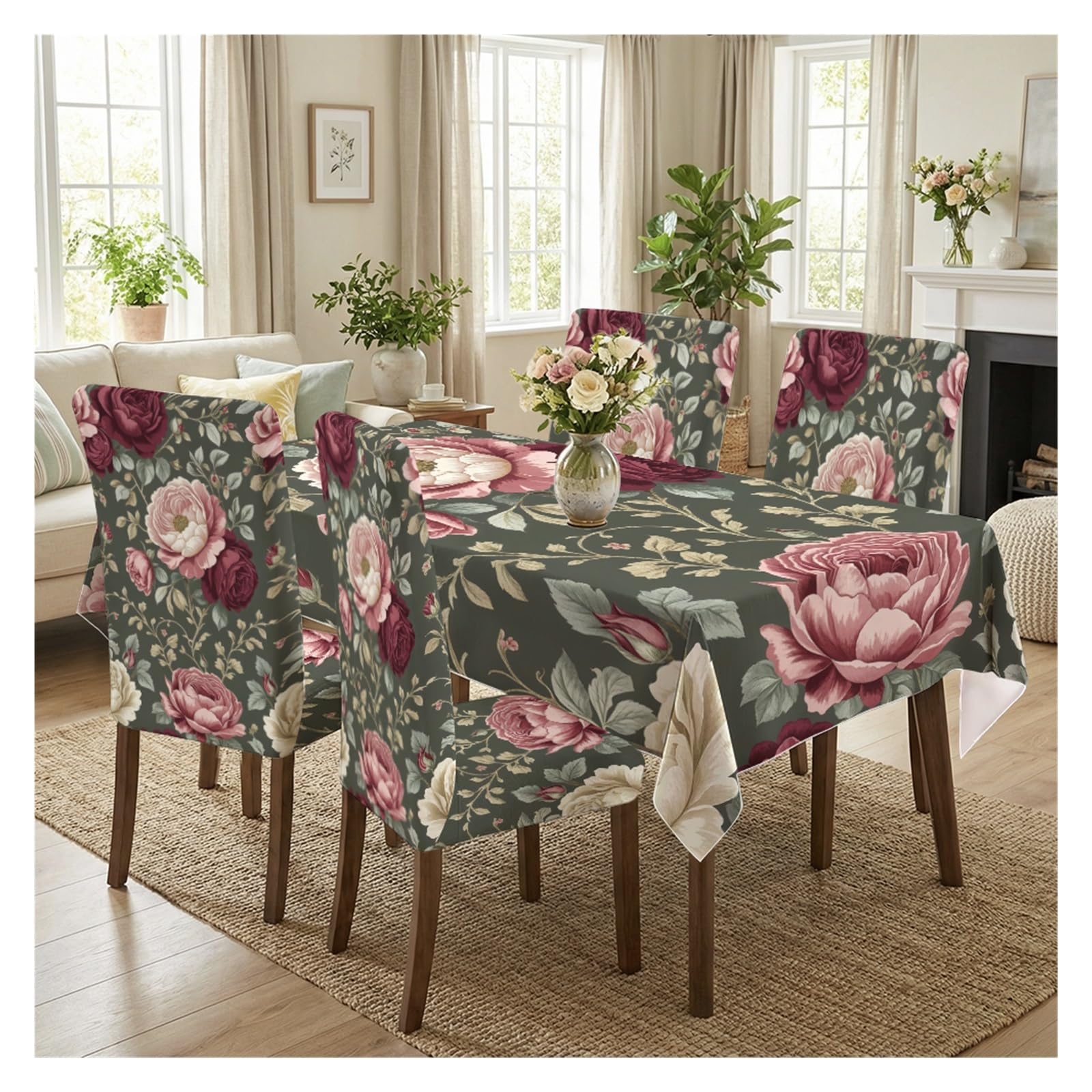 BOSUYBN Dark Green Base Vintage Burgundy Rose Floral Printed Dining Tablecloth & Chair Covers Set, 5/7 Piece Luxury Moody Cottage Home Decor Table Setting(5pcs Set: Tablecloth+Chair Covers)