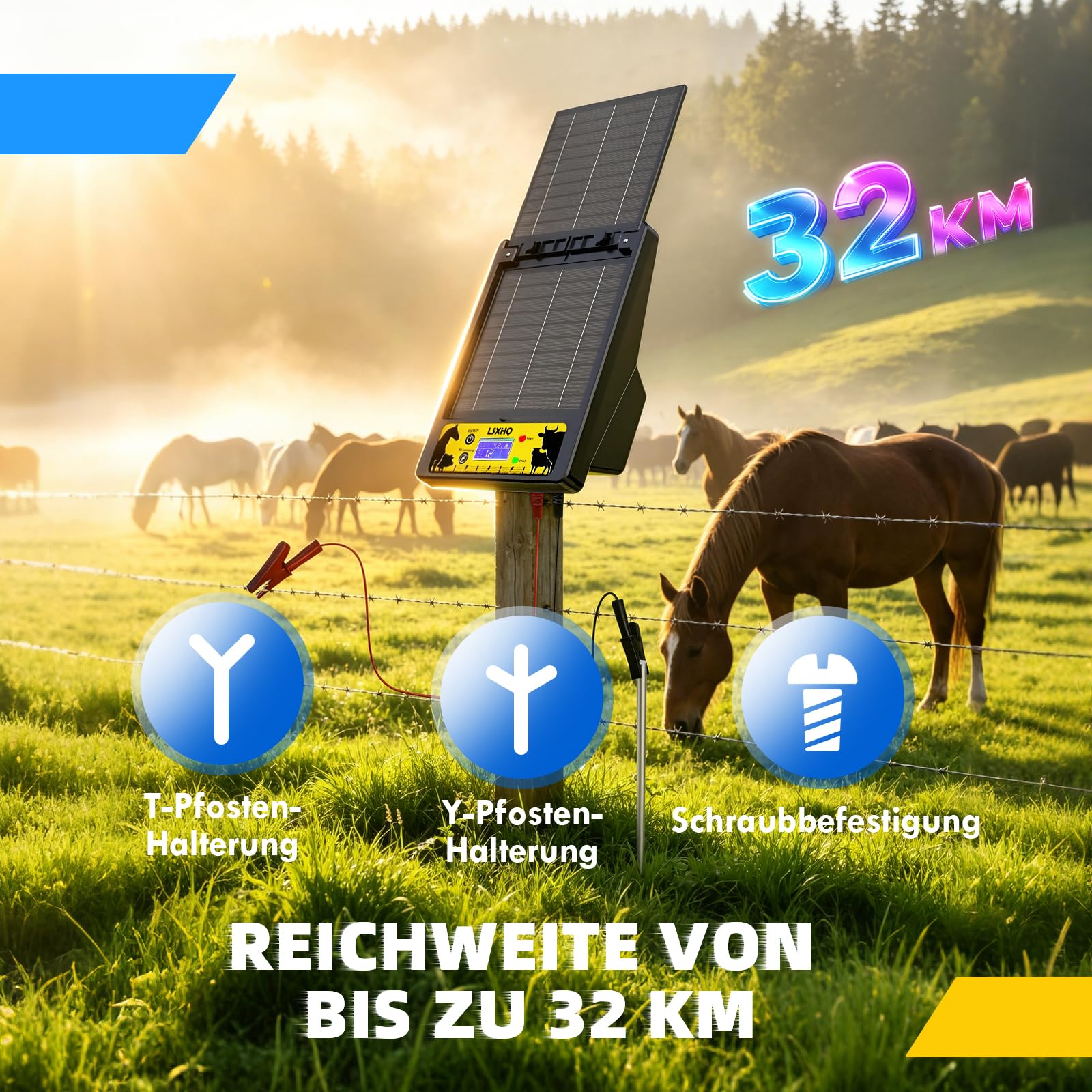 Solar Weidezaungerät für 32 KM Reichweite, 18000mAh Lithiumbatteri, Elektrozaungerät mit 10W-Solarpanel, 0.3-2J, 6KV-12KV Einstellbar, Zuverlässiger Schutz für Geflügel, Vieh und Haustiere (Schwarz)