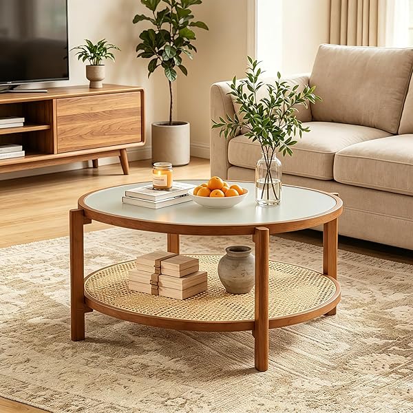 Round Rattan Table with Glass Top