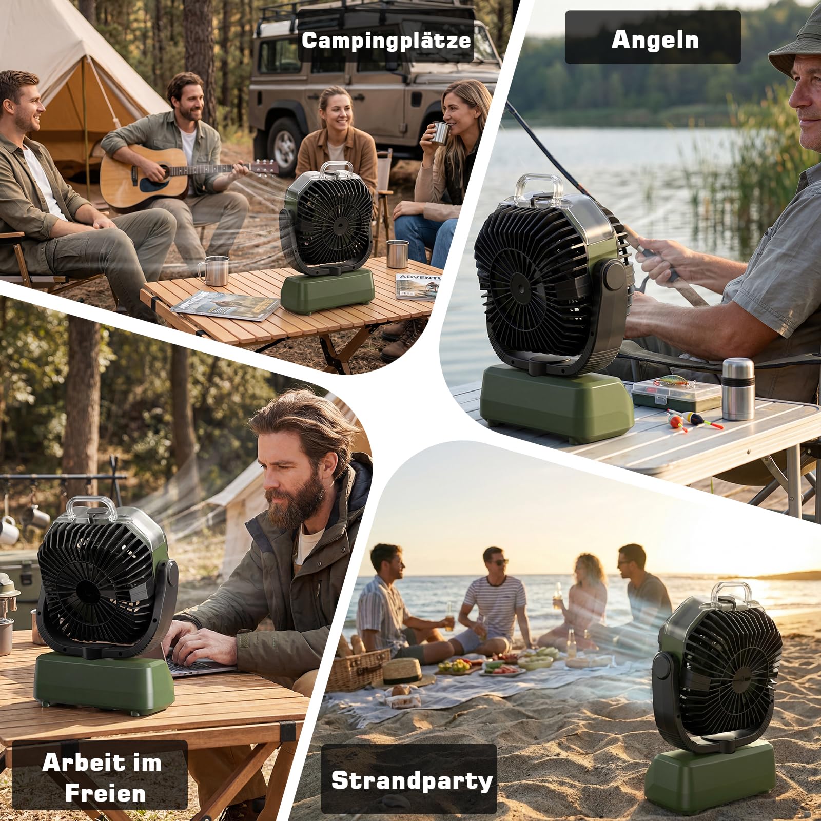 20000mAh Camping Ventilator Akku mit Licht, 0-100 Stufen Regelbar Outdoor Ventilator mit Sprühfunktion & Fernbedienung, Leise Tischventilator mit Timer 360° Haken für Zelt Angel