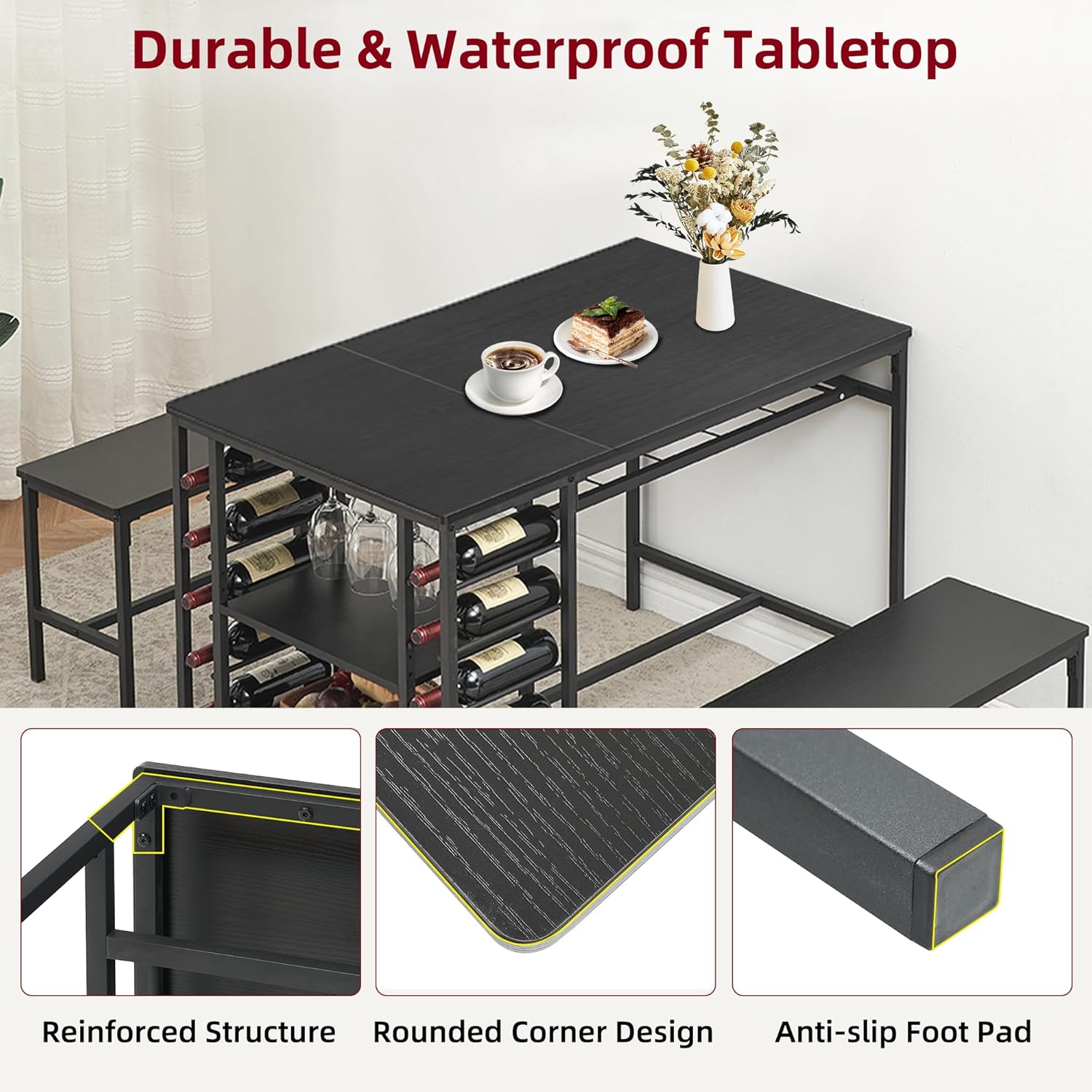 Image showing the dining table with a large storage rack located directly under the tabletop, suitable for various items.