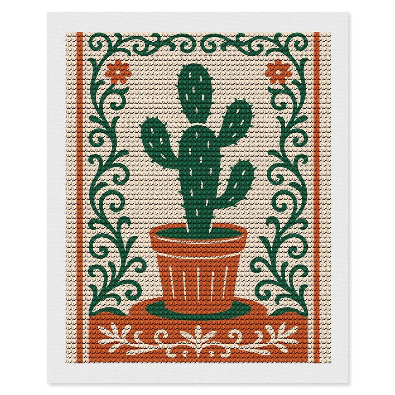 Junmoney Cactus in Pot with Floral Border Diamond Art Kit 16"x20", Neat Printed Canvas, Finish and Display, Relaxing DIY Hobby, Living Room Decor
