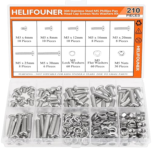 HELIFOUNER 210 piezas M5 x 0.236 in 0.315 in 0.472 in 0.630 in 0.787 in 0.984 in 1.181 in, tornillos métricos, tornillos métricos, arandelas,